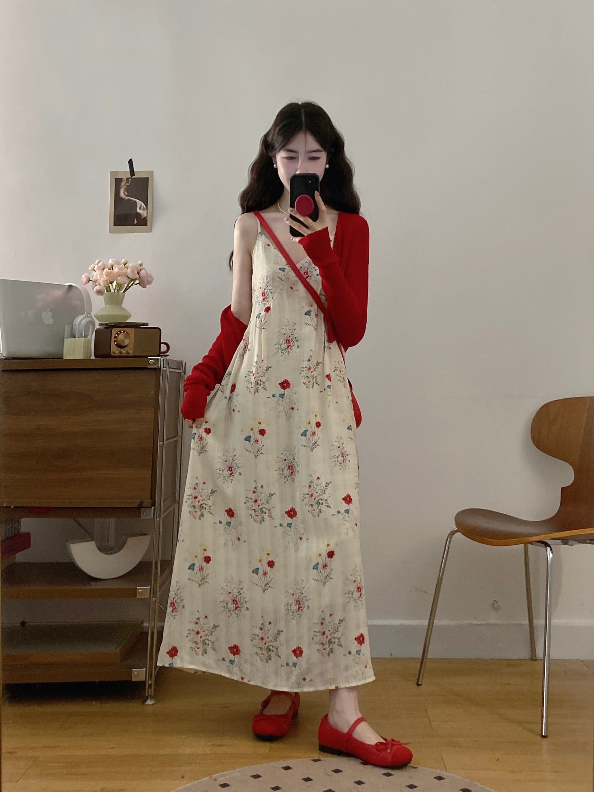 실사 여름 프랑스식 부드러운 바람 품격 V넥 꽃무늬 슬립 빅 사이즈 드레스 부드러운 찹쌀 얇은 스타일 니트 오픈 가디건 이미지 2