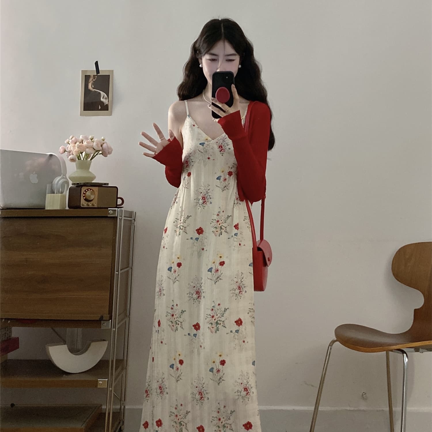 실사 여름 프랑스식 부드러운 바람 품격 V넥 꽃무늬 슬립 빅 사이즈 드레스 부드러운 찹쌀 얇은 스타일 니트 오픈 가디건 이미지 5