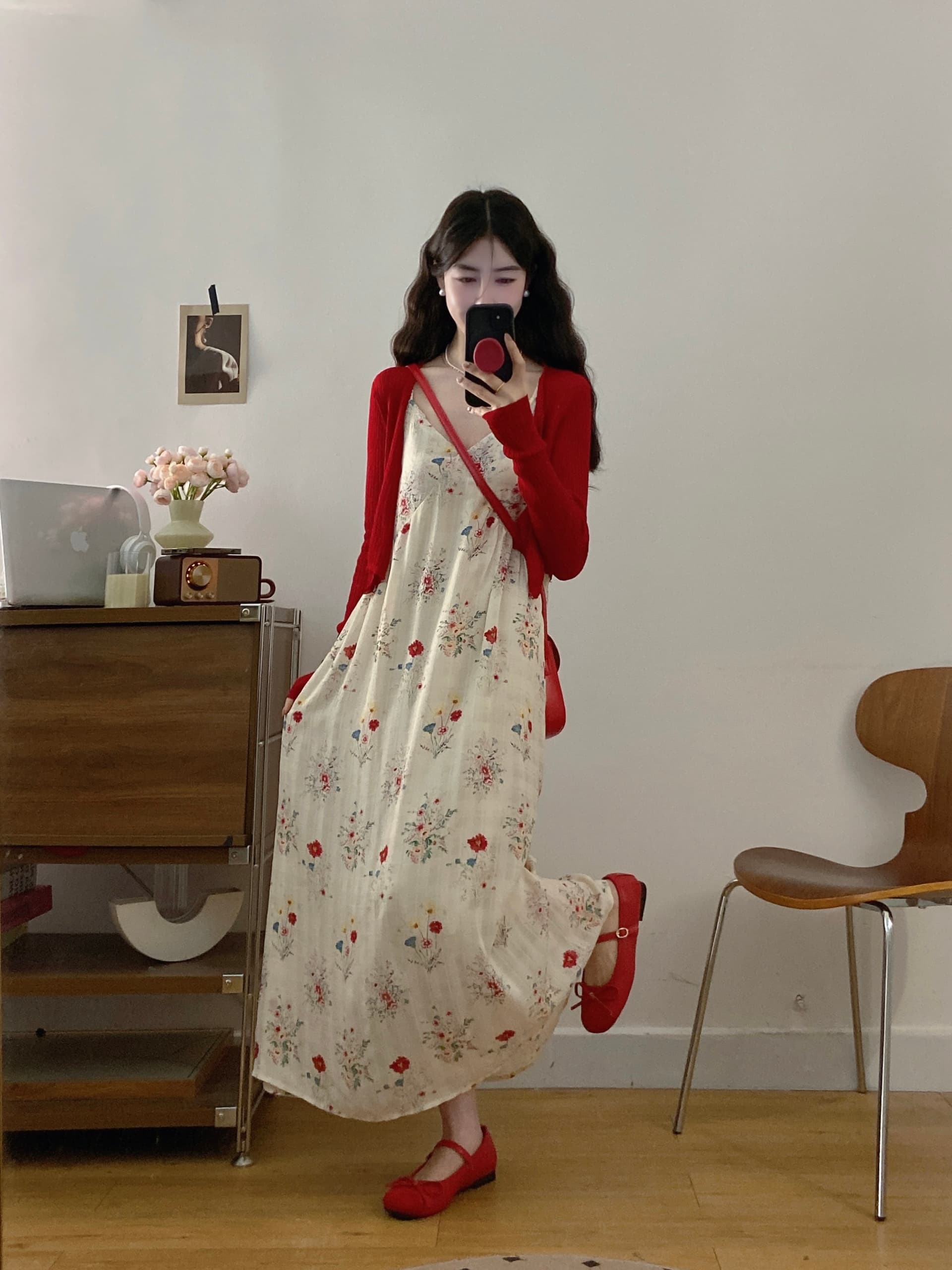실사 여름 프랑스식 부드러운 바람 품격 V넥 꽃무늬 슬립 빅 사이즈 드레스 부드러운 찹쌀 얇은 스타일 니트 오픈 가디건 상세 이미지 5