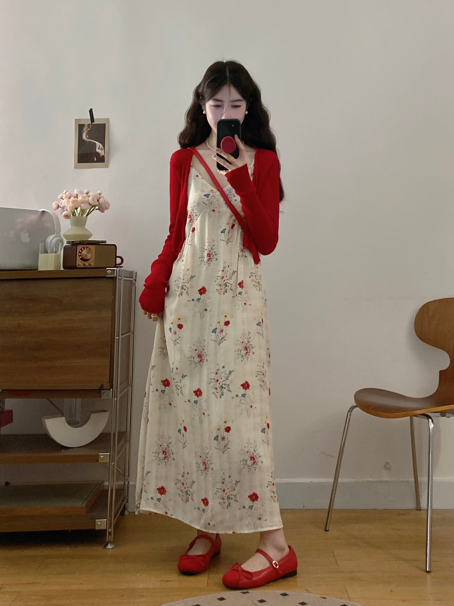 실사 여름 프랑스식 부드러운 바람 품격 V넥 꽃무늬 슬립 빅 사이즈 드레스 부드러운 찹쌀 얇은 스타일 니트 오픈 가디건 상세 이미지 6