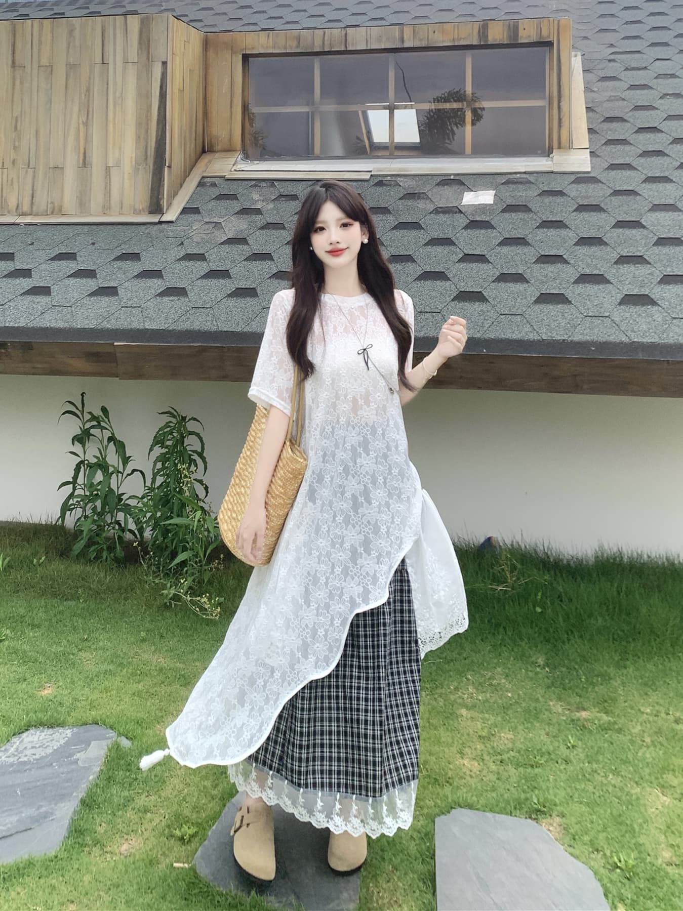 실사 패션 착용 가져 가라. 고급 센스 관대 한 점잖은 디자인 레이스 셔츠 흑인과 백인 그리드 반신 스커트 빅 사이즈 세트 이미지 3
