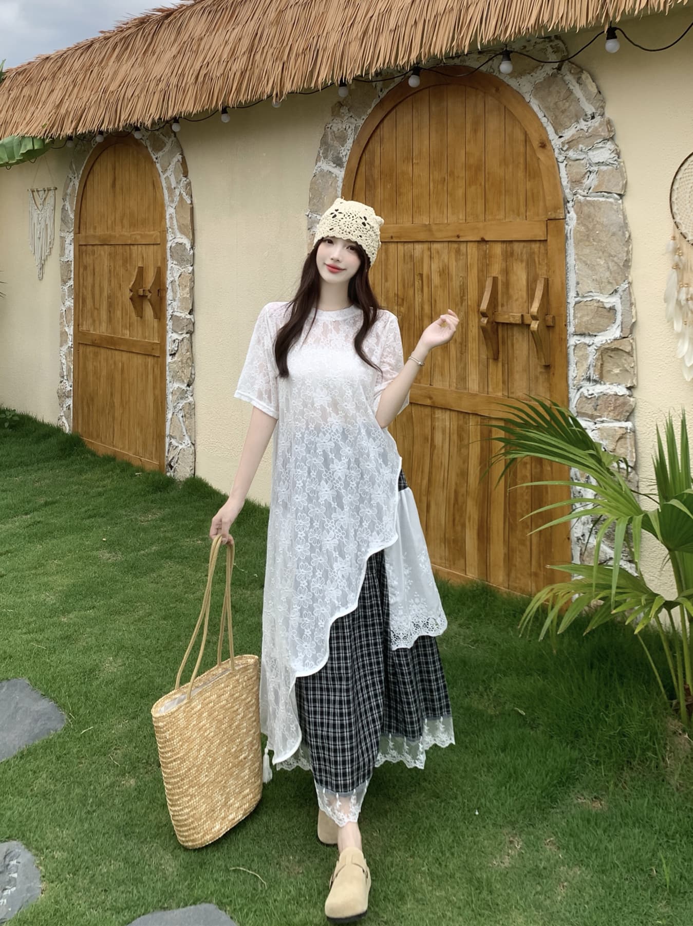 실사 패션 착용 가져 가라. 고급 센스 관대 한 점잖은 디자인 레이스 셔츠 흑인과 백인 그리드 반신 스커트 빅 사이즈 세트 이미지 4
