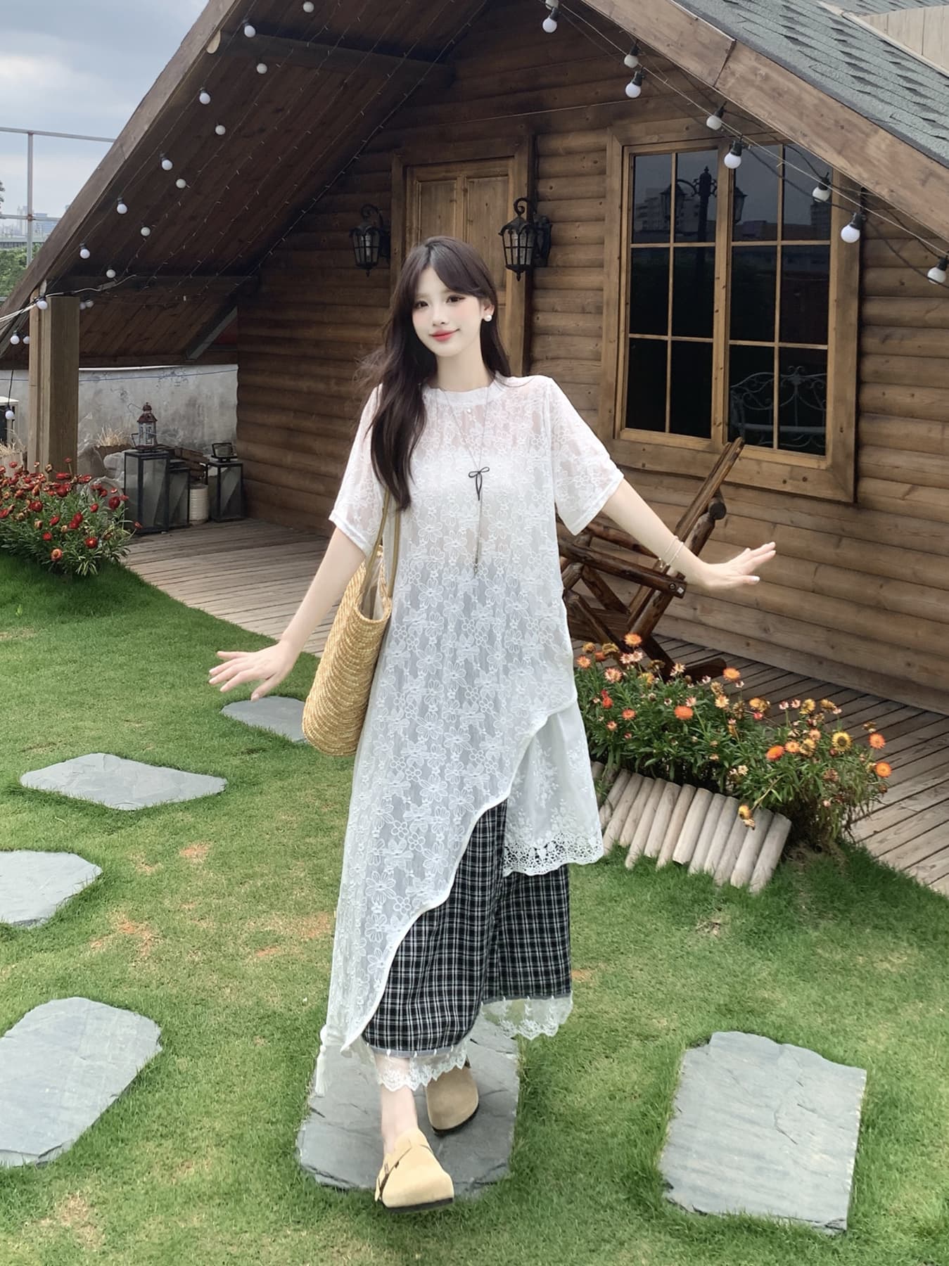 실사 패션 착용 가져 가라. 고급 센스 관대 한 점잖은 디자인 레이스 셔츠 흑인과 백인 그리드 반신 스커트 빅 사이즈 세트 상세 이미지 8