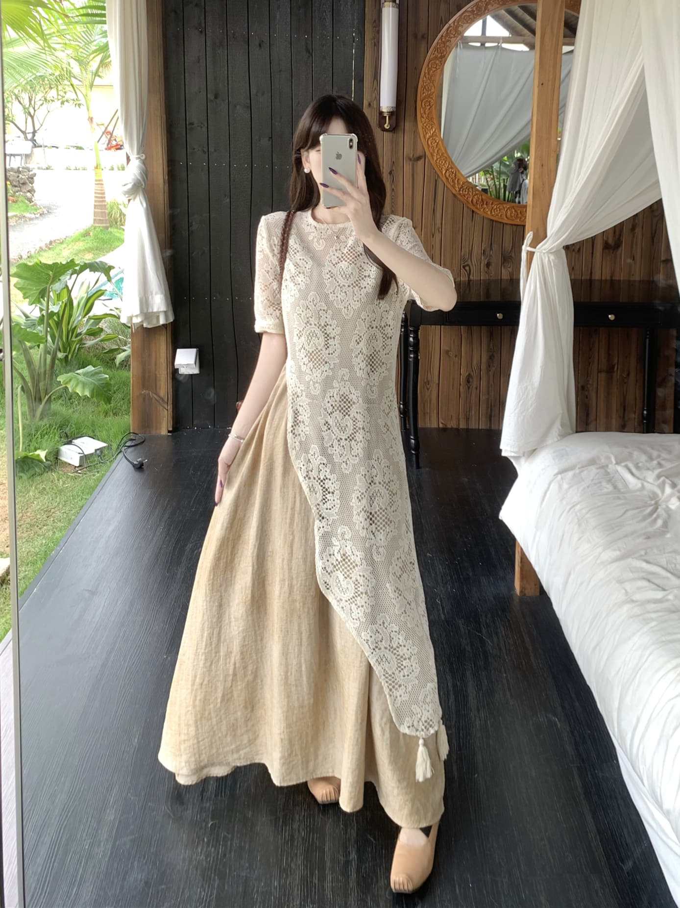 실사 프랑스식 패션 부드러운 바람 디자인 센스 레이스 롱 코트 블라우스 스택 착용 롱 코트 조끼 스커트 빅 사이즈 세트 이미지 3