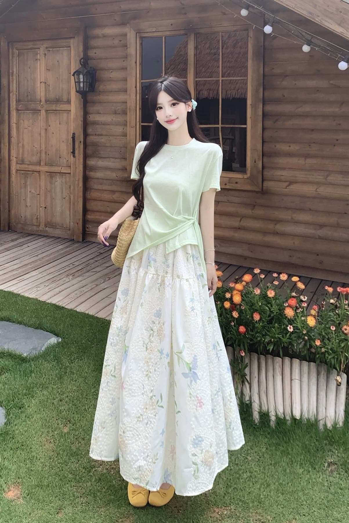 실사 여름 프랑스식 디자인 센스 부드러운 바람 반팔 티셔츠 자수 꽃무늬 반신 스커트 빅 사이즈 투피스 슈트 이미지 7