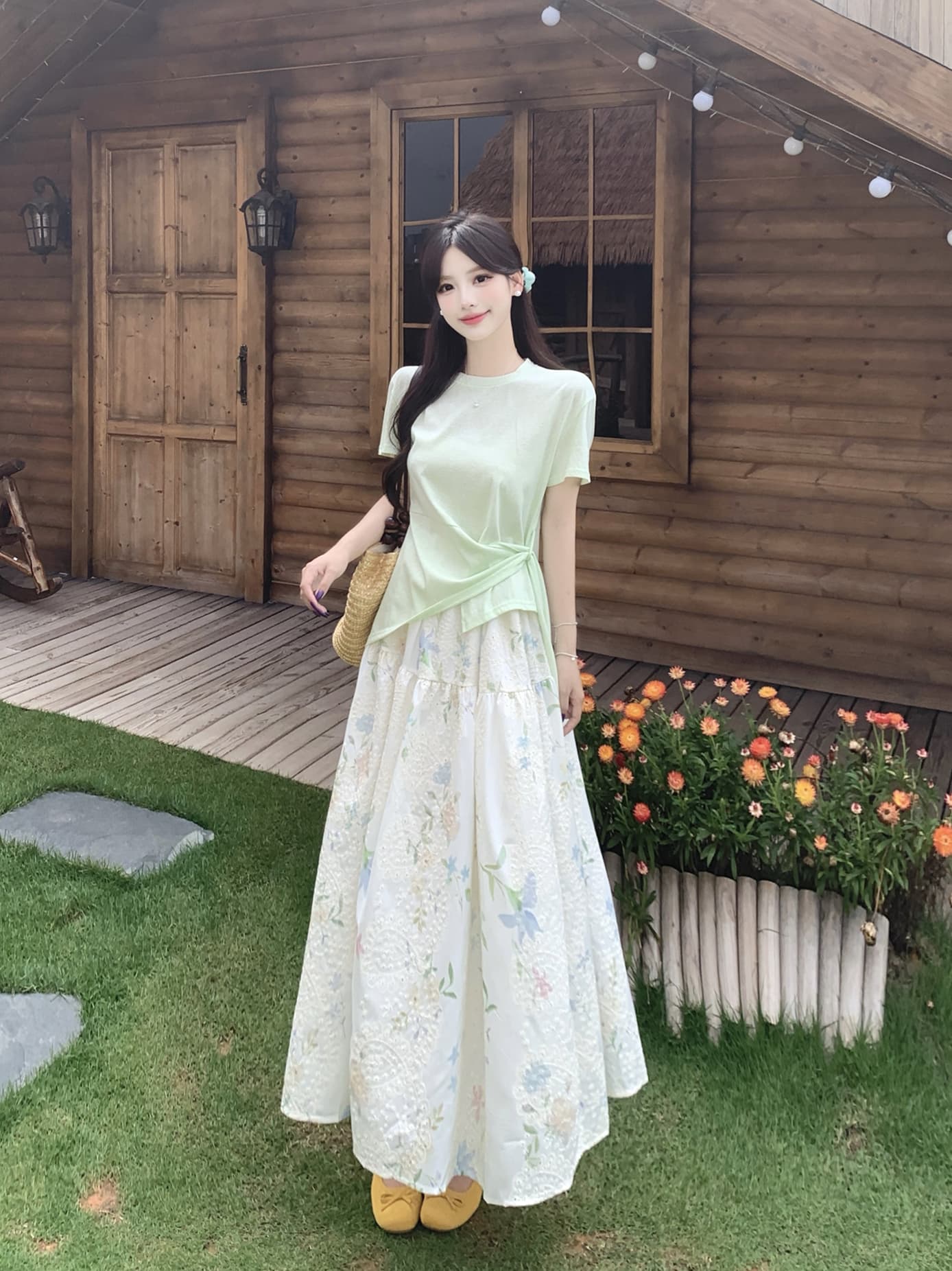 실사 여름 프랑스식 디자인 센스 부드러운 바람 반팔 티셔츠 자수 꽃무늬 반신 스커트 빅 사이즈 투피스 슈트 상세 이미지 3