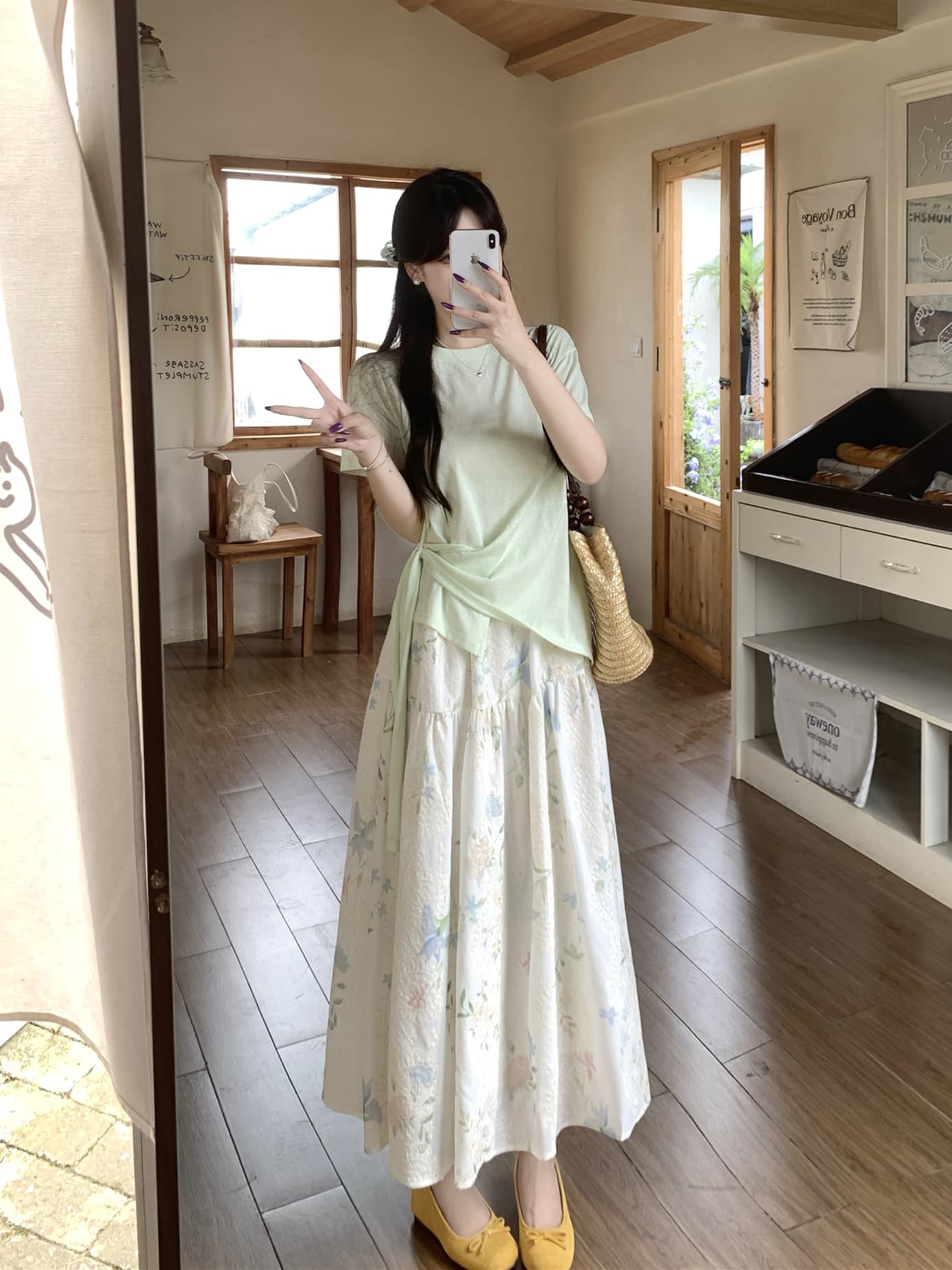 실사 여름 프랑스식 디자인 센스 부드러운 바람 반팔 티셔츠 자수 꽃무늬 반신 스커트 빅 사이즈 투피스 슈트 상세 이미지 8
