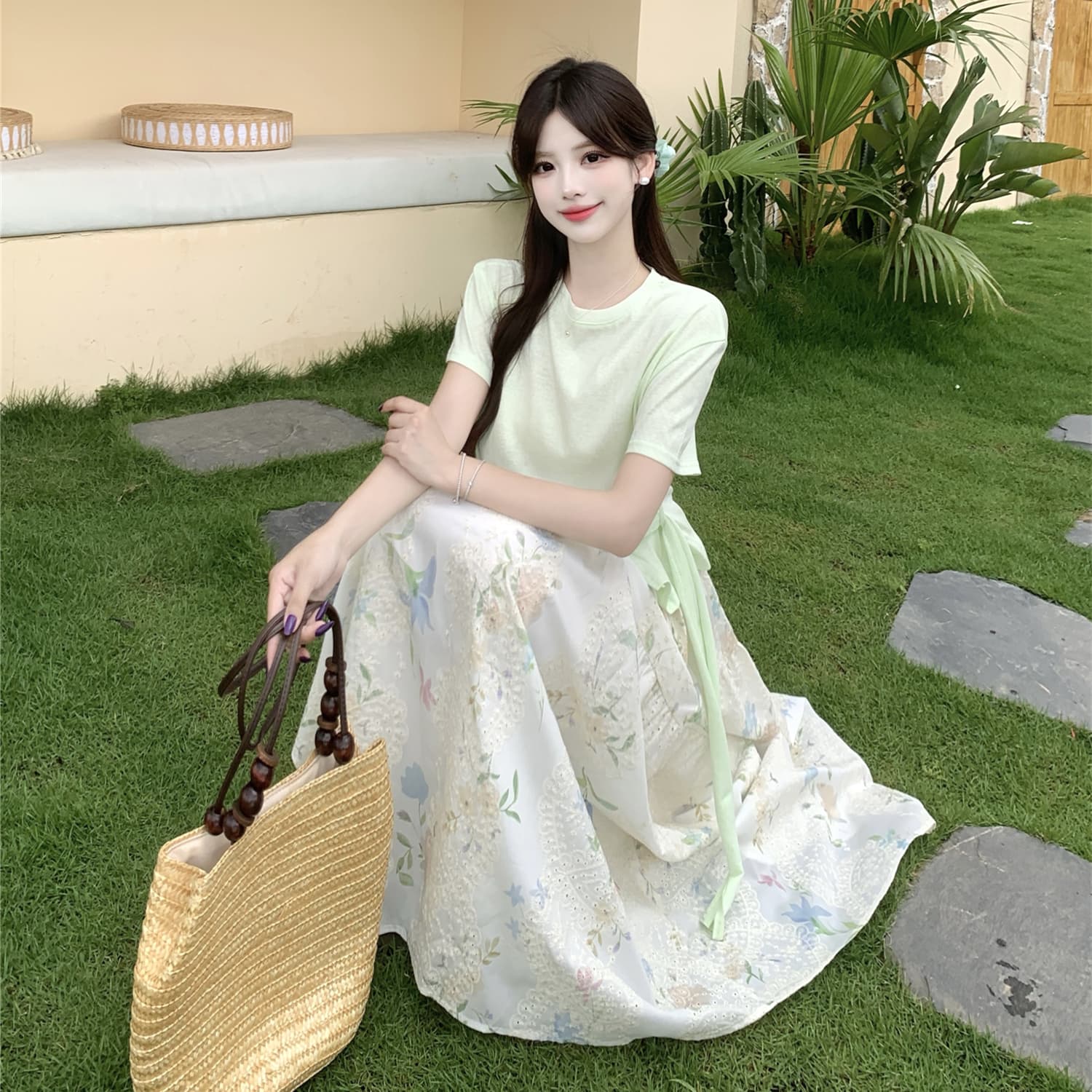 실사 여름 프랑스식 디자인 센스 부드러운 바람 반팔 티셔츠 자수 꽃무늬 반신 스커트 빅 사이즈 투피스 슈트 상세 이미지 11