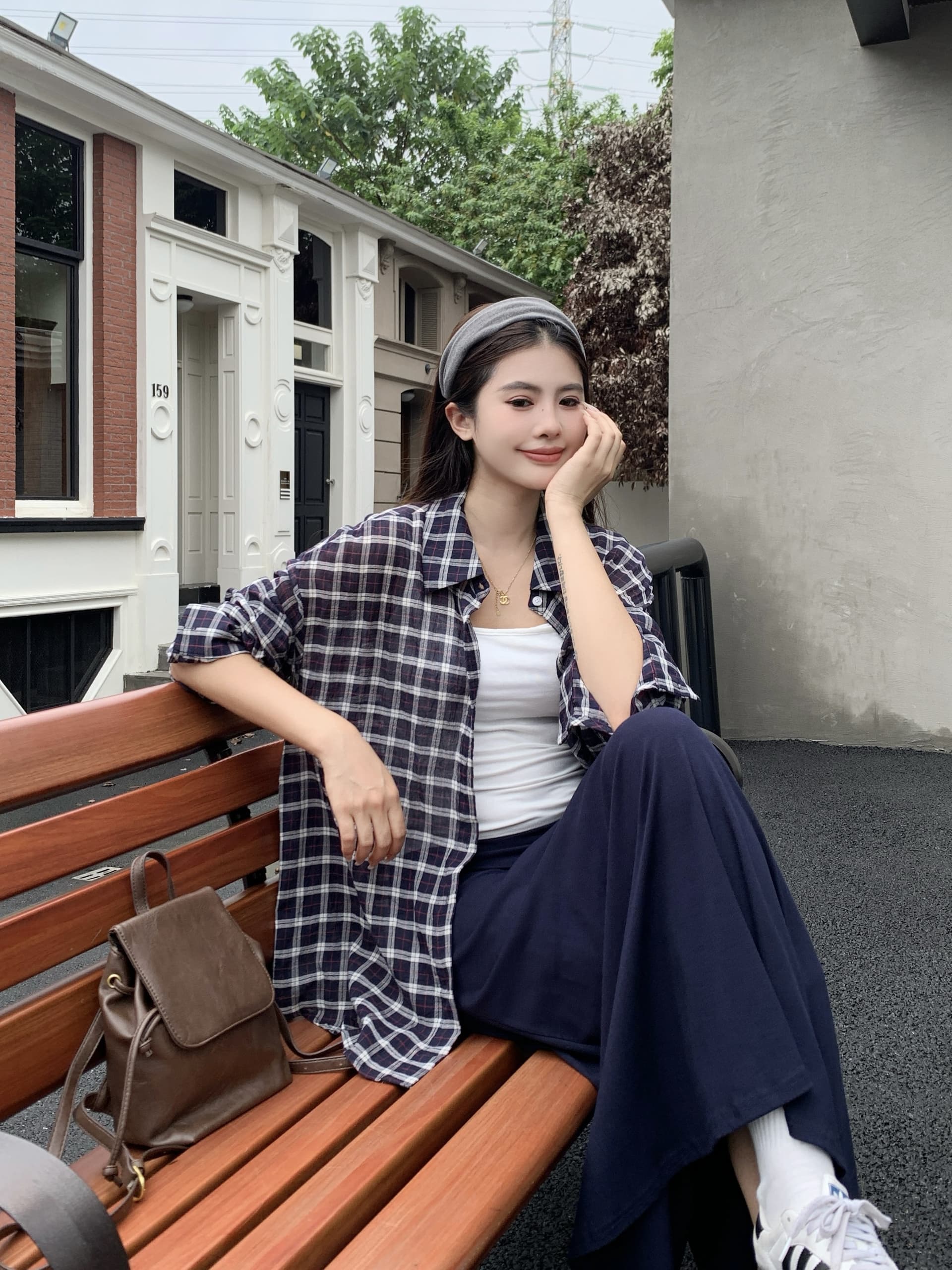 실사 새로운 몸매 가꾸기 슬림해 보이는 캐미솔 체크무늬 루즈핏 긴팔 셔츠 패션 반신 스커트 빅 사이즈 세트 상세 이미지 5