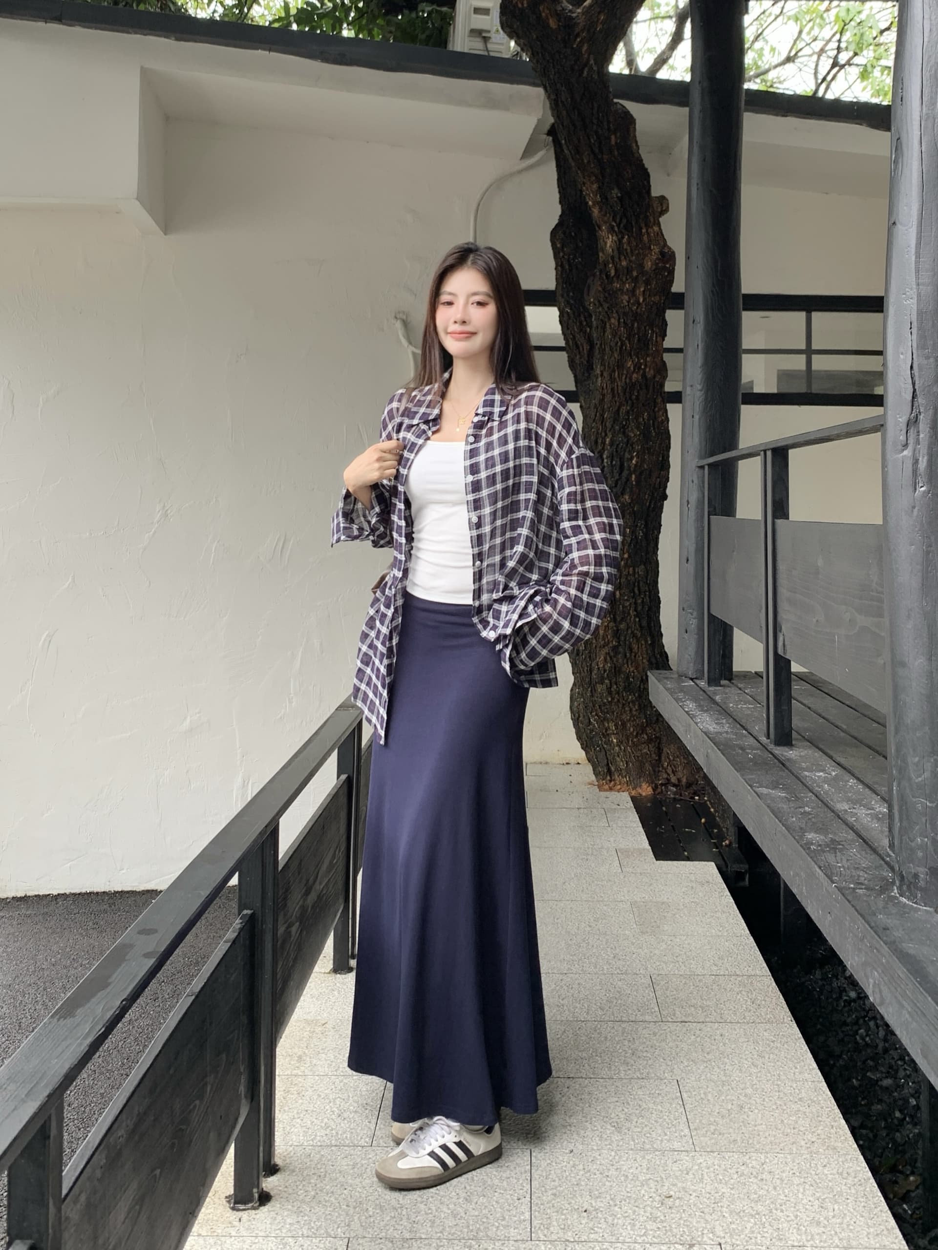 실사 새로운 몸매 가꾸기 슬림해 보이는 캐미솔 체크무늬 루즈핏 긴팔 셔츠 패션 반신 스커트 빅 사이즈 세트 상세 이미지 7