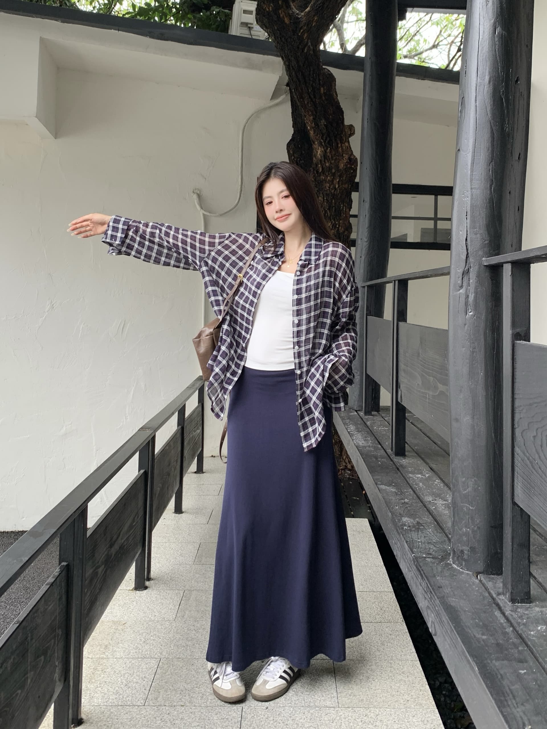 실사 새로운 몸매 가꾸기 슬림해 보이는 캐미솔 체크무늬 루즈핏 긴팔 셔츠 패션 반신 스커트 빅 사이즈 세트 상세 이미지 9