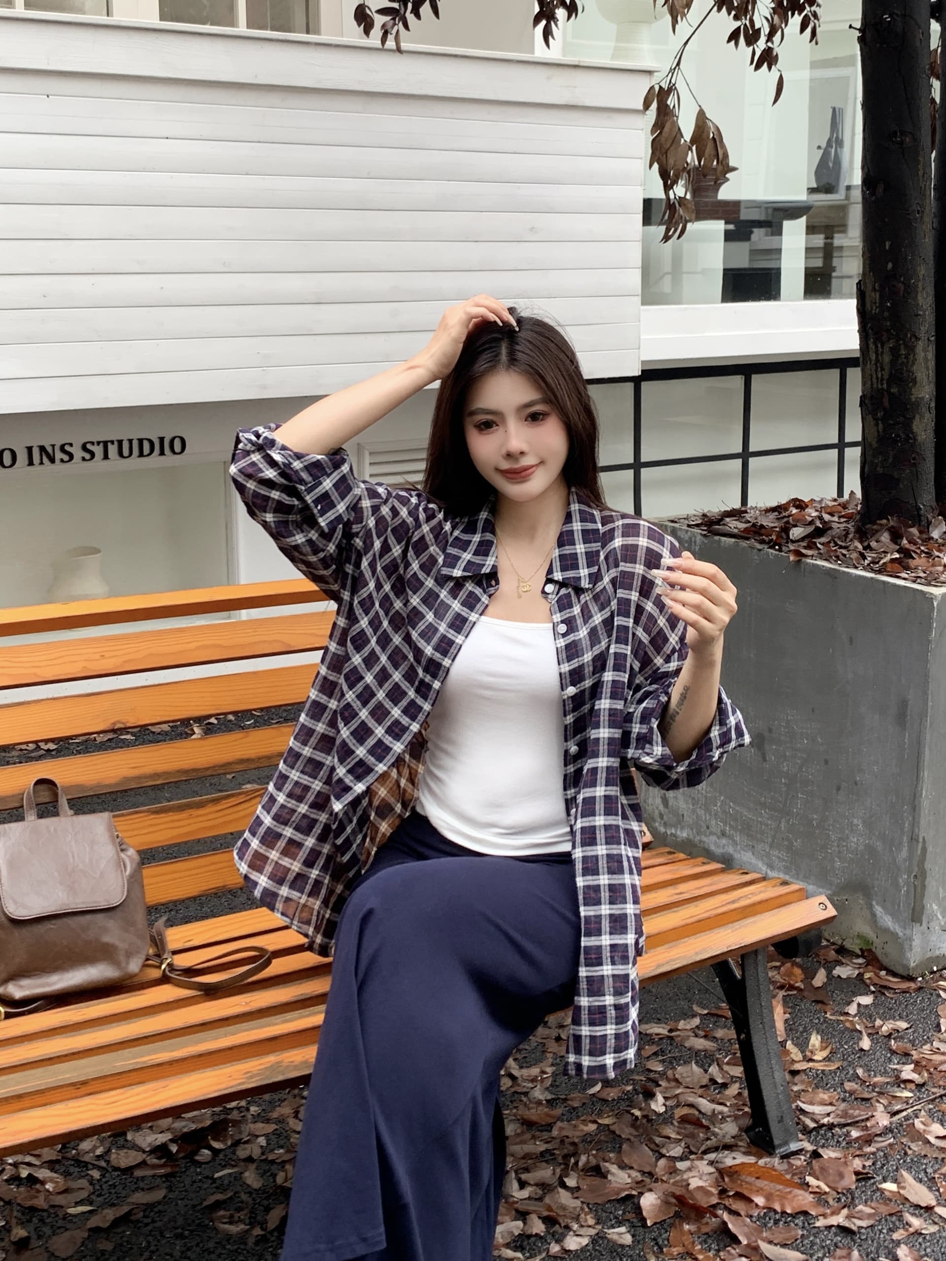 실사 새로운 몸매 가꾸기 슬림해 보이는 캐미솔 체크무늬 루즈핏 긴팔 셔츠 패션 반신 스커트 빅 사이즈 세트 상세 이미지 10