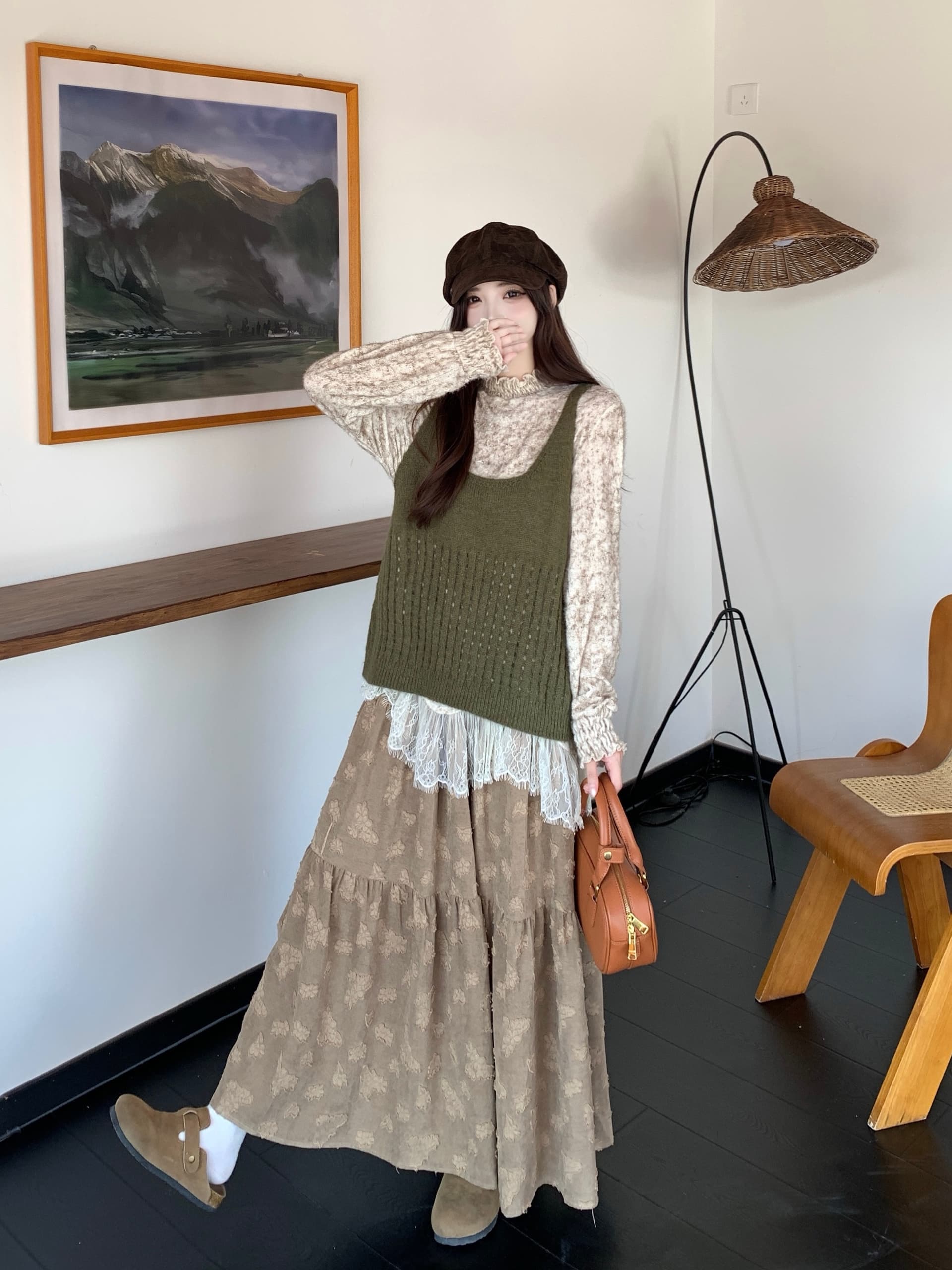 실사 가을 겨울 빅 사이즈 레트로 다용도 스웨터 조끼 디자인 센스 꽃무늬 레이스 기본 셔츠 롱 코트 반신 스커트 상세 이미지 3