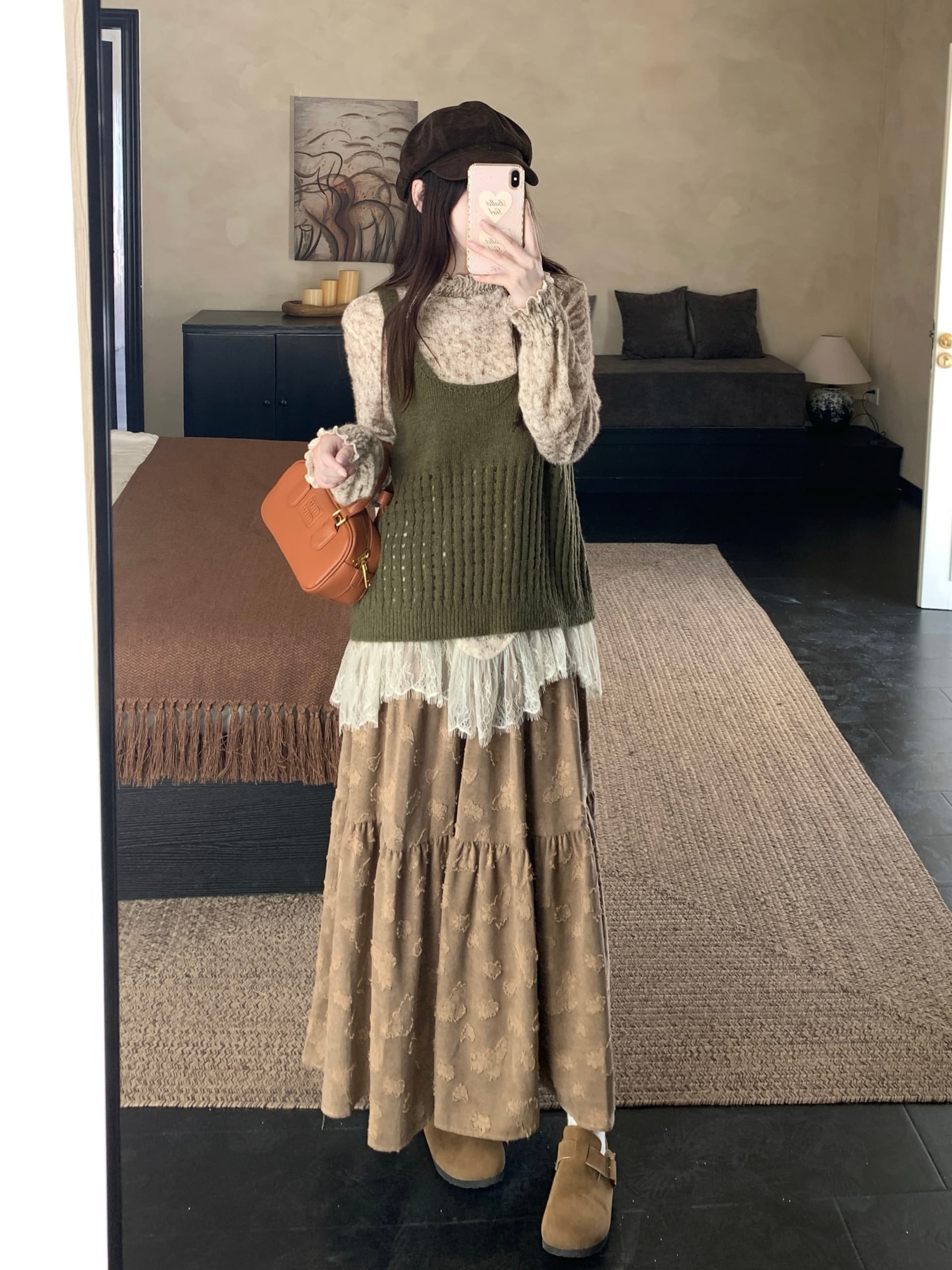 실사 가을 겨울 빅 사이즈 레트로 다용도 스웨터 조끼 디자인 센스 꽃무늬 레이스 기본 셔츠 롱 코트 반신 스커트 상세 이미지 5