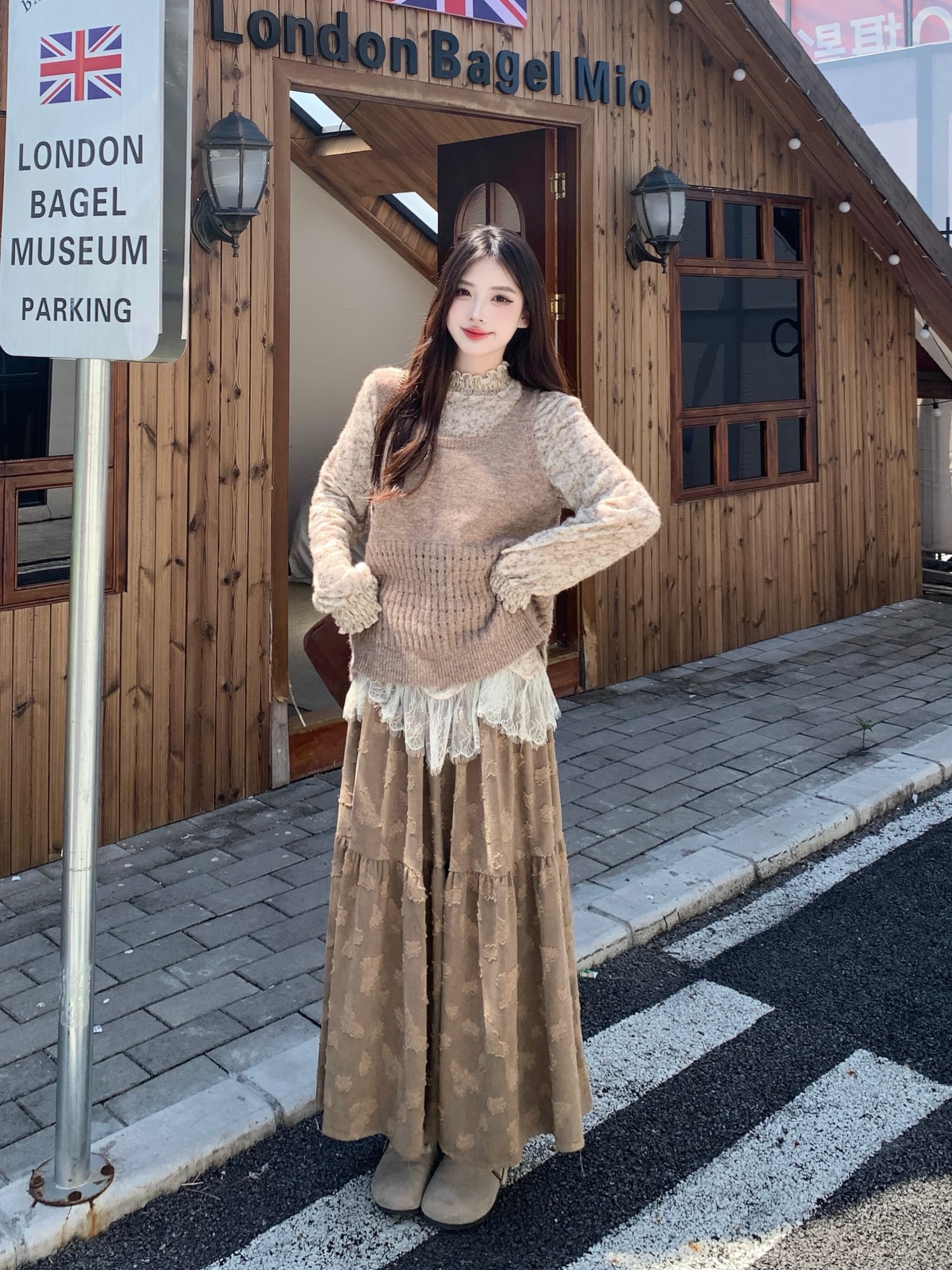 실사 가을 겨울 빅 사이즈 레트로 다용도 스웨터 조끼 디자인 센스 꽃무늬 레이스 기본 셔츠 롱 코트 반신 스커트 상세 이미지 15