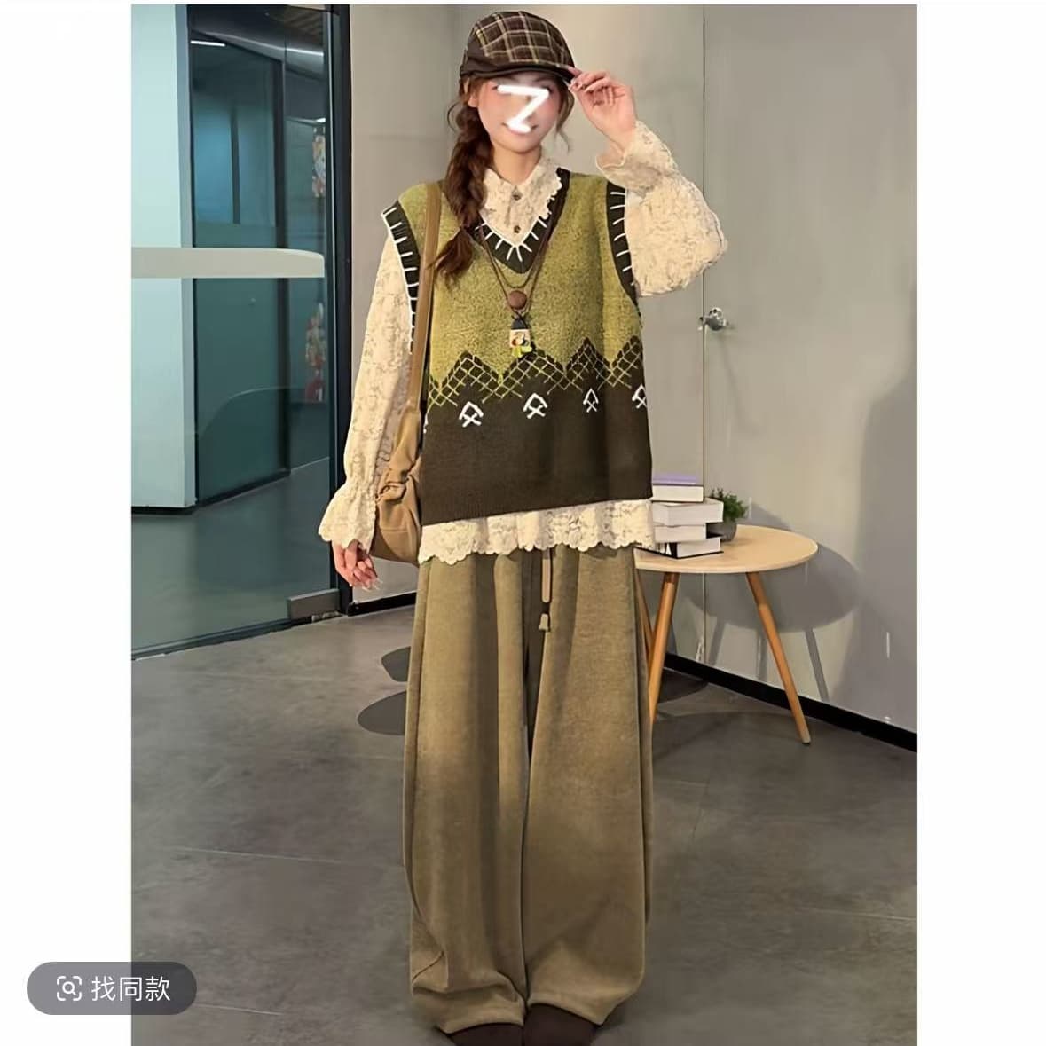 실사 가을 겨울 빅 사이즈 레트로 다용도 스웨터 조끼 베스트 디자인 센스 레이스 셔츠 루즈핏 캐주얼 긴 바지 이미지 4