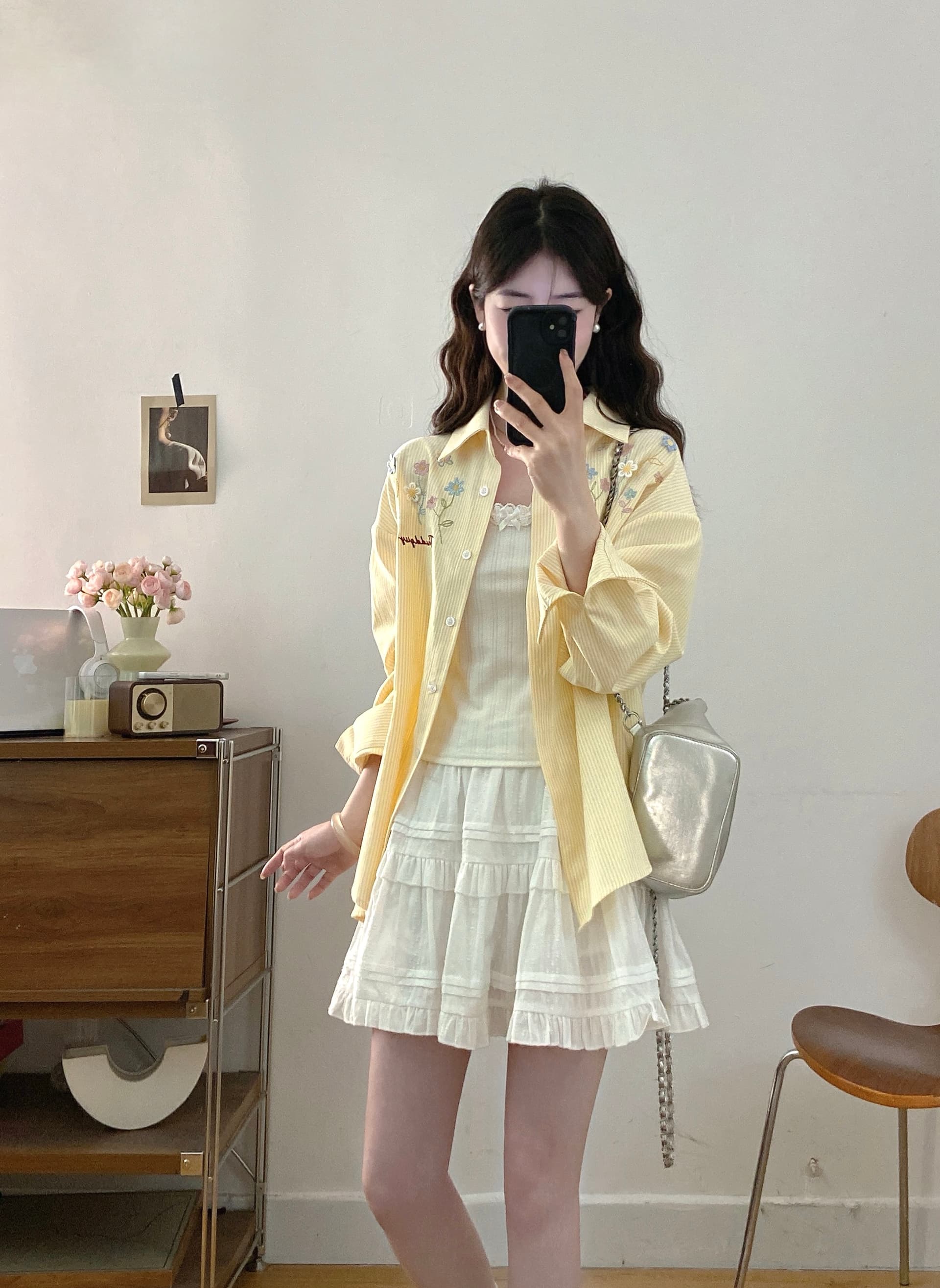 실사 새로운 몸매 가꾸기 슬림해 보이는 캐미솔 스트라이프 자수 긴팔 셔츠 패션 반신 스커트 빅 사이즈 세트 이미지 3