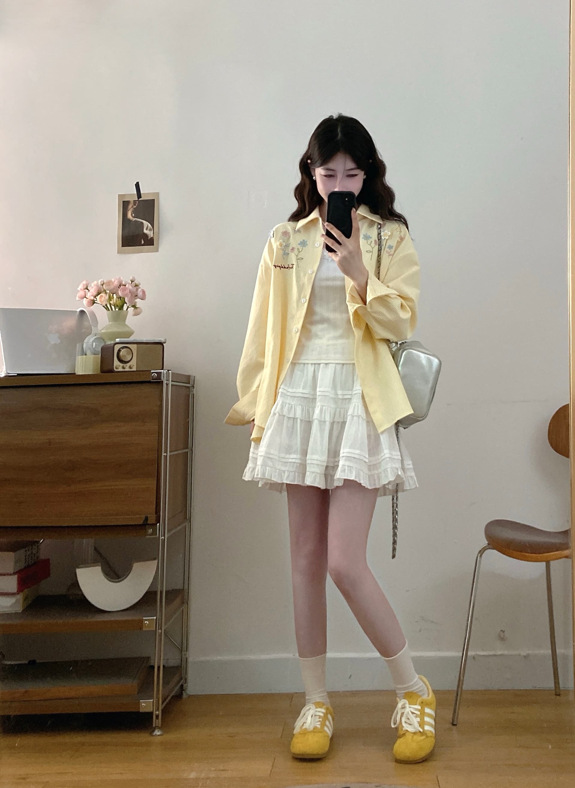 실사 새로운 몸매 가꾸기 슬림해 보이는 캐미솔 스트라이프 자수 긴팔 셔츠 패션 반신 스커트 빅 사이즈 세트 이미지 4