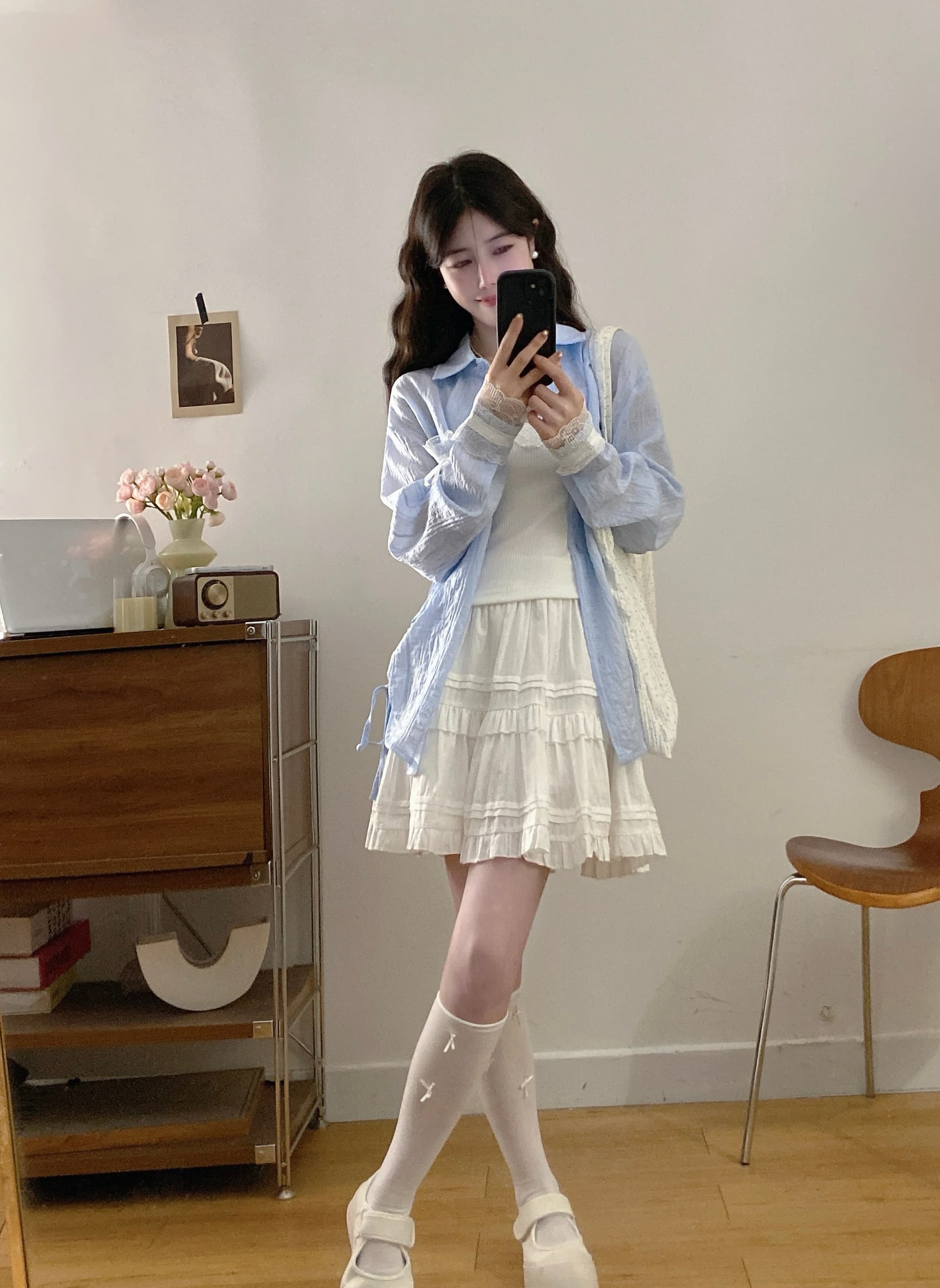 실사 새로운 몸매 가꾸기 슬림해 보이는 캐미솔 레이스 조각 트임 셔츠 패션 반신 스커트 빅 사이즈 세트 상세 이미지 7