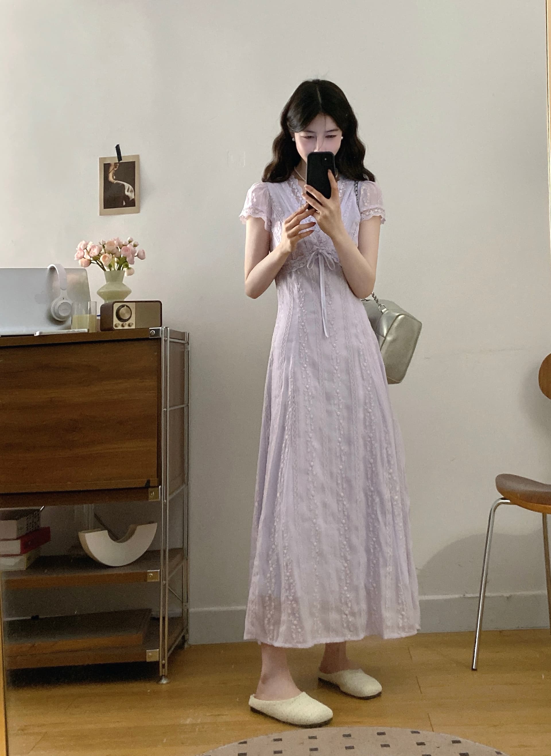 실사 여름 새로운 부드러운 바람 자수 패션 품격 V넥 반팔 허리 수축 슬림해 보이는 빅 사이즈 롱 코트 드레스 상세 이미지 4