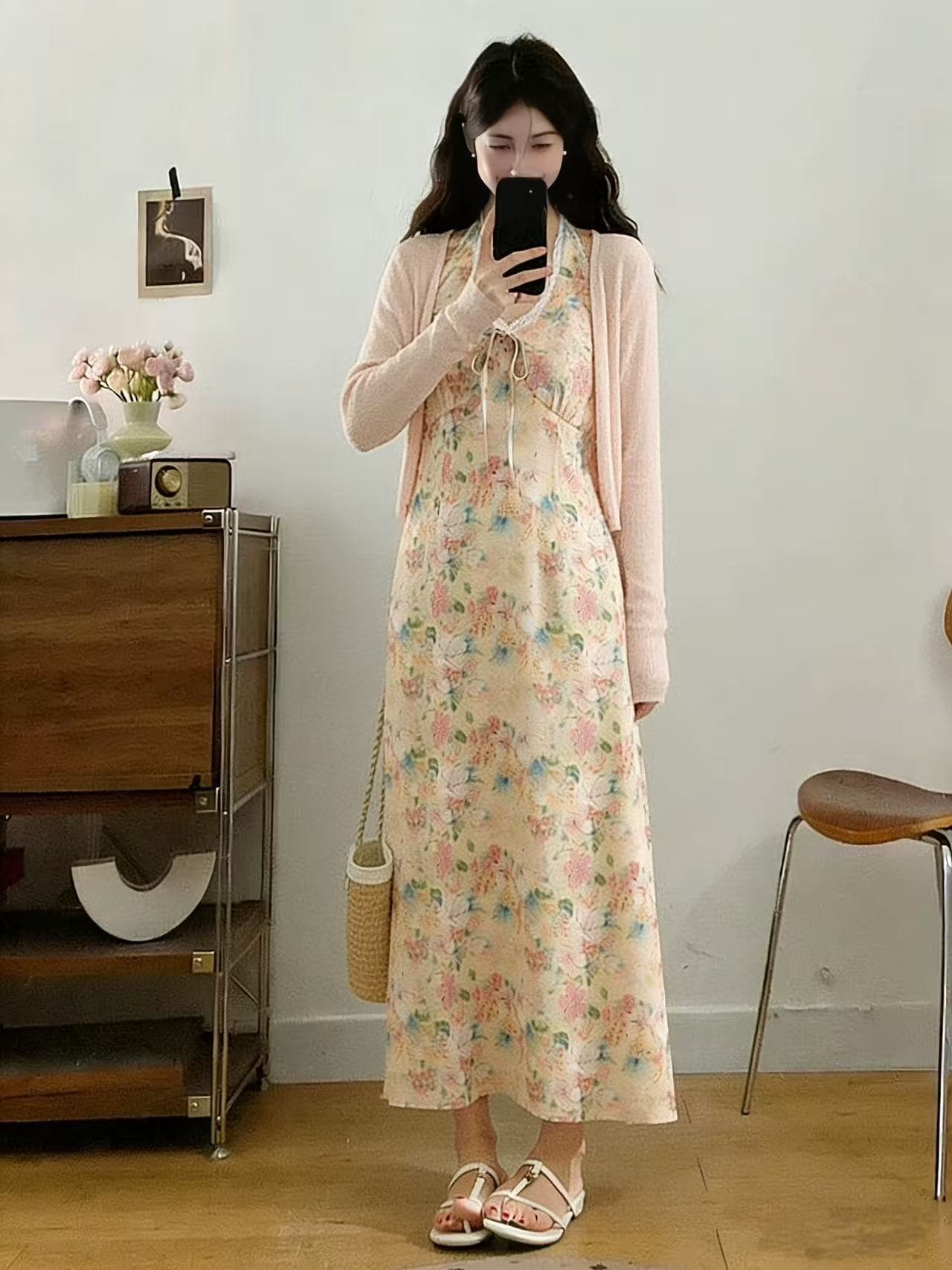 한 부서 슬림해 보이는 낭만주의 휴가 행침 목 V넥 꽃무늬 빅 사이즈 드레스 따뜻한 부드럽다 찹쌀 니트 오픈 가디건 이미지 2