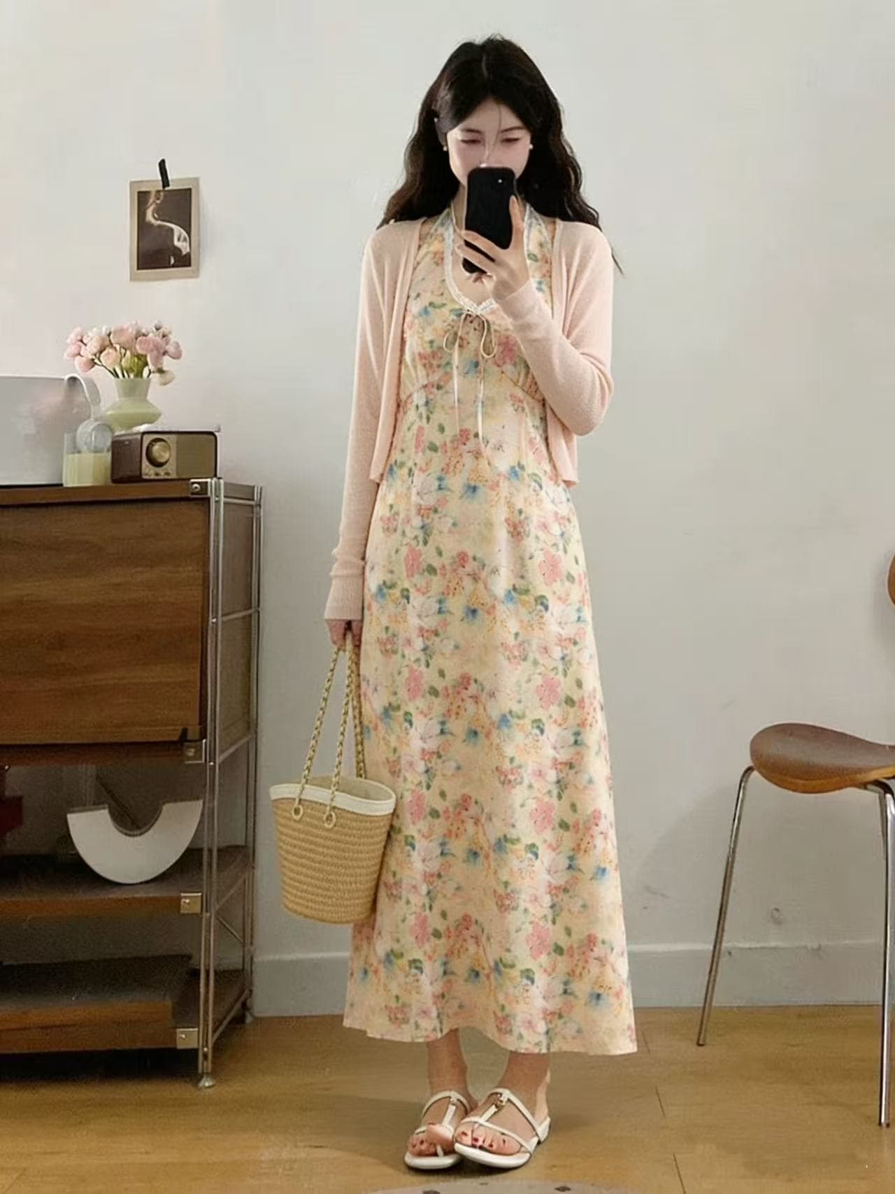 한 부서 슬림해 보이는 낭만주의 휴가 행침 목 V넥 꽃무늬 빅 사이즈 드레스 따뜻한 부드럽다 찹쌀 니트 오픈 가디건 상세 이미지 6
