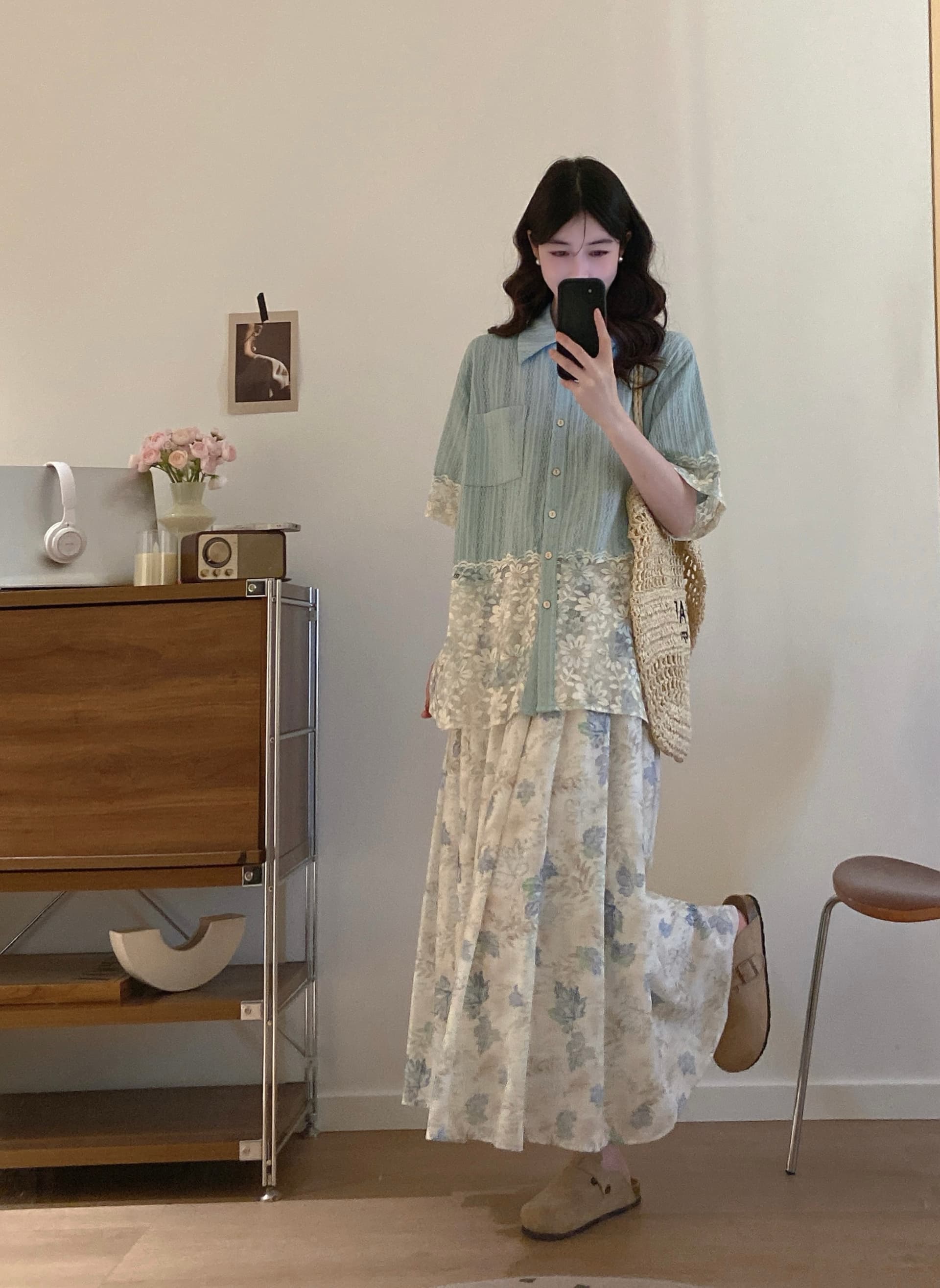 실사 여름 새로운 계절 디자인 센스 패치워크 레이스 반팔 셔츠 꽃무늬 반신 스커트 빅 사이즈 투피스 슈트 상세 이미지 3