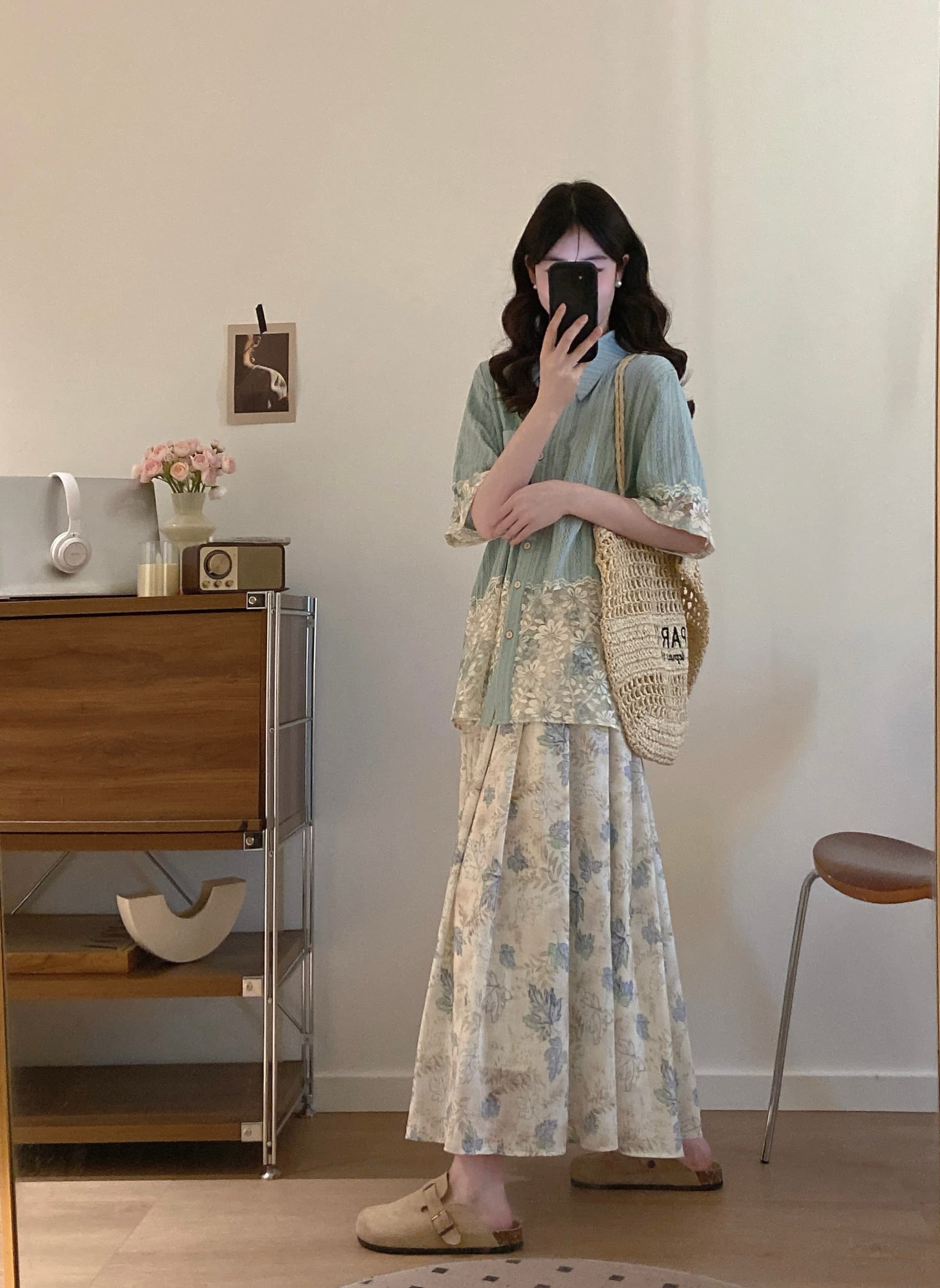 실사 여름 새로운 계절 디자인 센스 패치워크 레이스 반팔 셔츠 꽃무늬 반신 스커트 빅 사이즈 투피스 슈트 상세 이미지 6