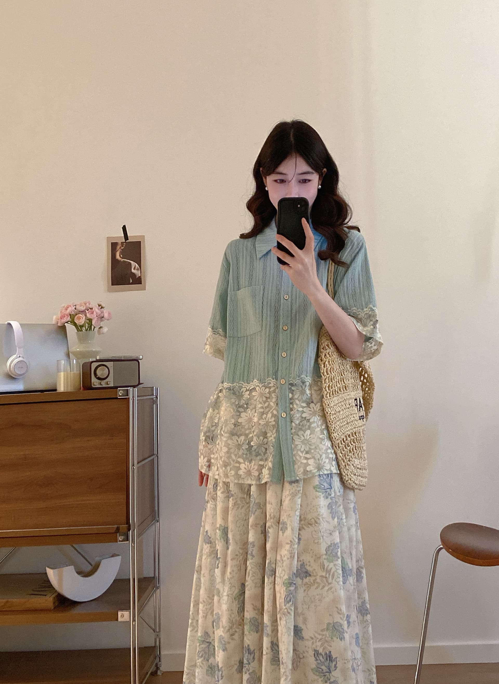 실사 여름 새로운 계절 디자인 센스 패치워크 레이스 반팔 셔츠 꽃무늬 반신 스커트 빅 사이즈 투피스 슈트 상세 이미지 7