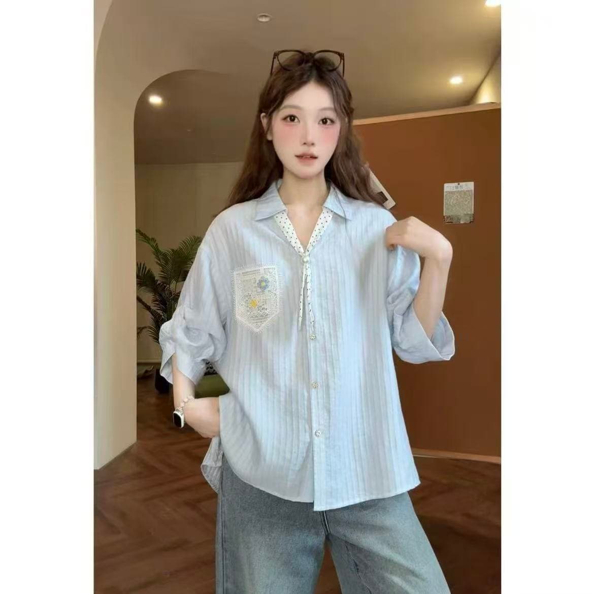 레트로 신선함 바람 작은 대중 패션 스트라이프 통기성 다용도 셔츠 빅 사이즈 마이크로 지방 반팔 맨위 이미지 5