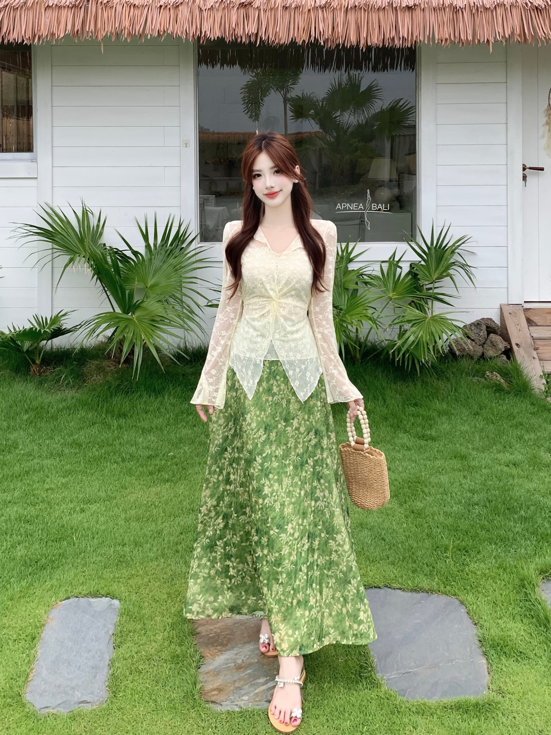 실사 빅 사이즈 한 부서 디자인 센스 비틀림 레이스 긴팔 맨위 하이웨이스트 꽃무늬 반신 롱 스커트 상세 이미지 10