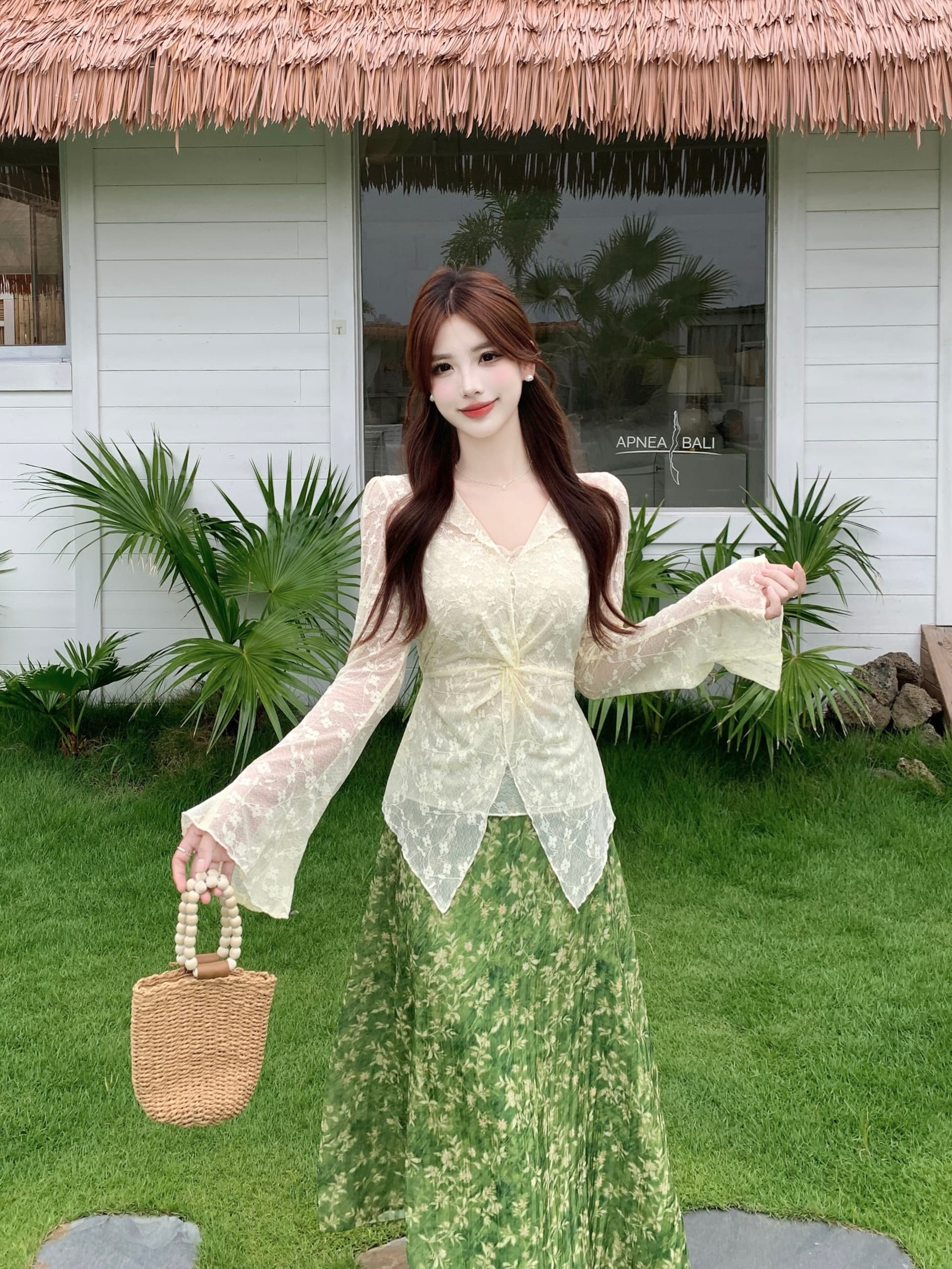 실사 빅 사이즈 한 부서 디자인 센스 비틀림 레이스 긴팔 맨위 하이웨이스트 꽃무늬 반신 롱 스커트 상세 이미지 11