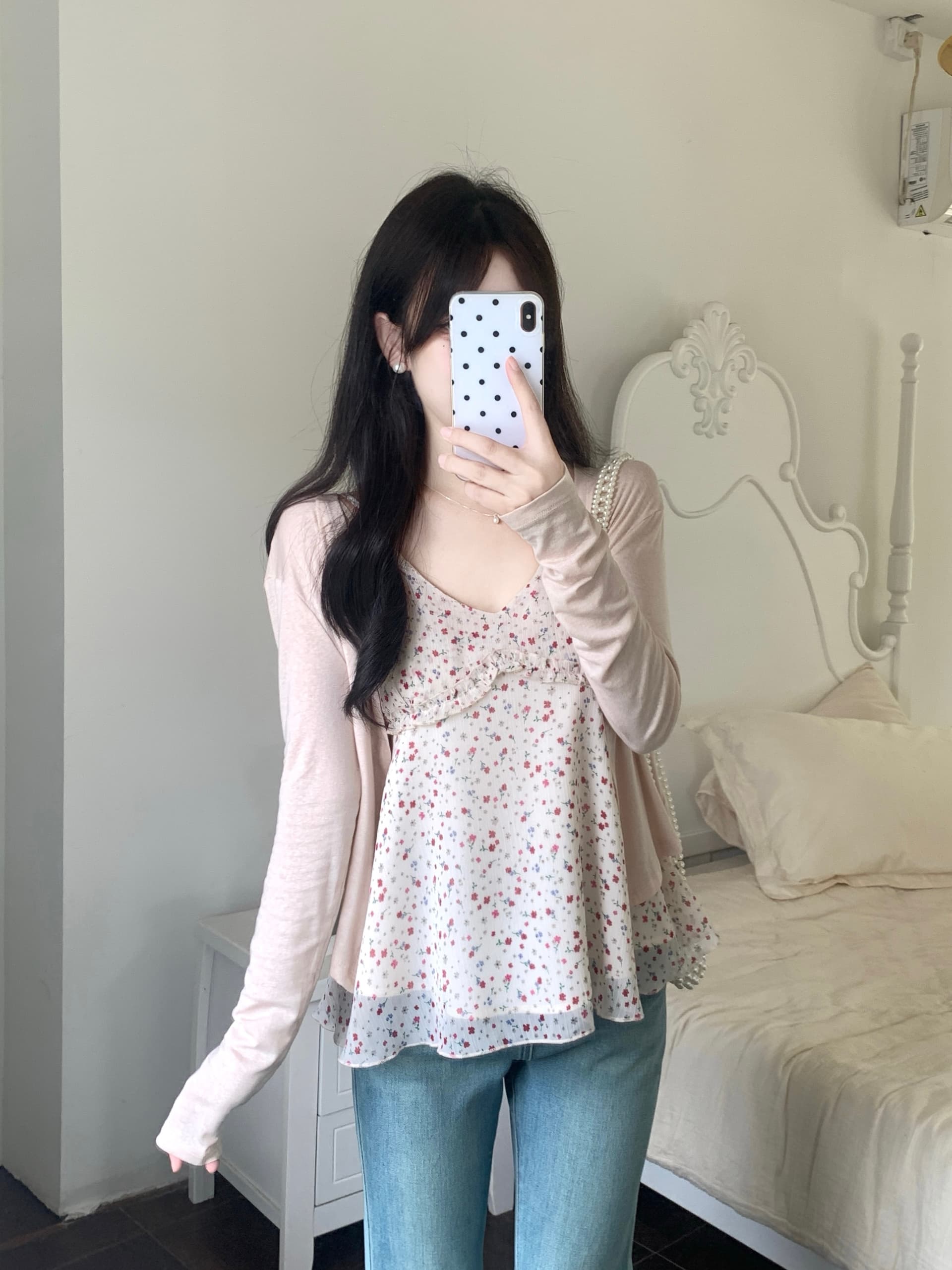 실사 새로운 한 부서 V넥 꽃무늬 슬립 부드러운 찹쌀 다용도 몸매 가꾸기 슬림해 보이는 니트 오픈 가디건 이미지 4