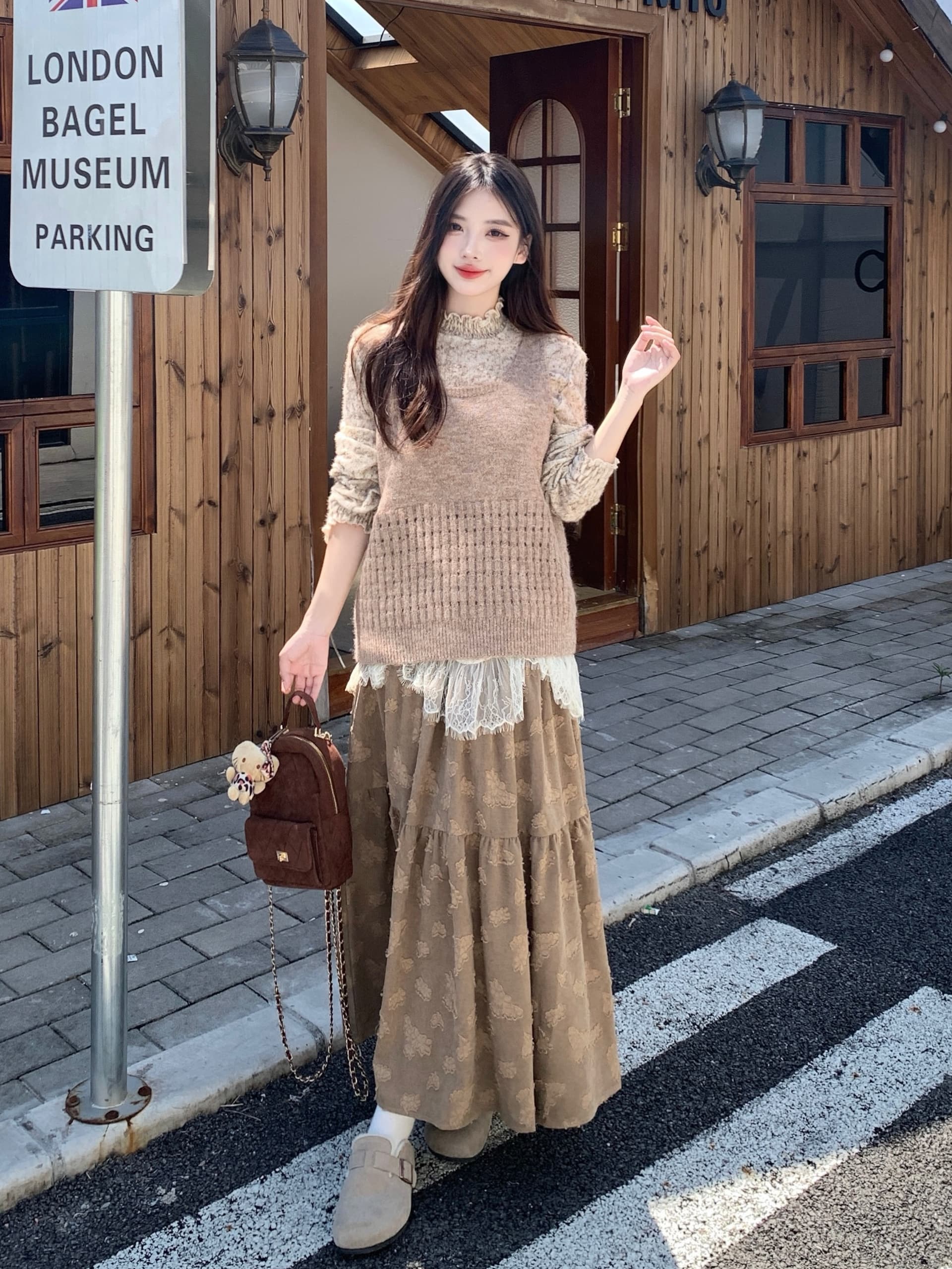 실사 가을 겨울 빅 사이즈 레트로 다용도 스웨터 조끼 디자인 센스 꽃무늬 레이스 기본 셔츠 롱 코트 반신 스커트