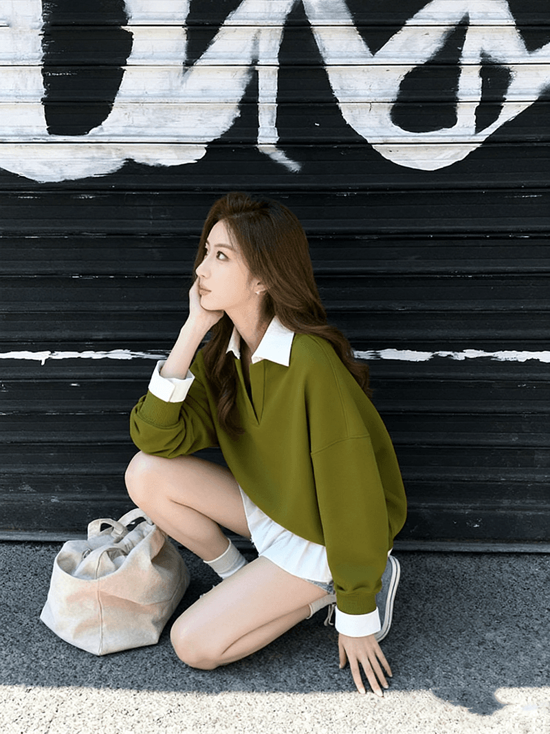 2026 가을 새로운 패션 루즈핏 단색 후드티 여성 미니멀리즘 다용도 트렌드 V넥 긴팔 맨위 상세 이미지 6