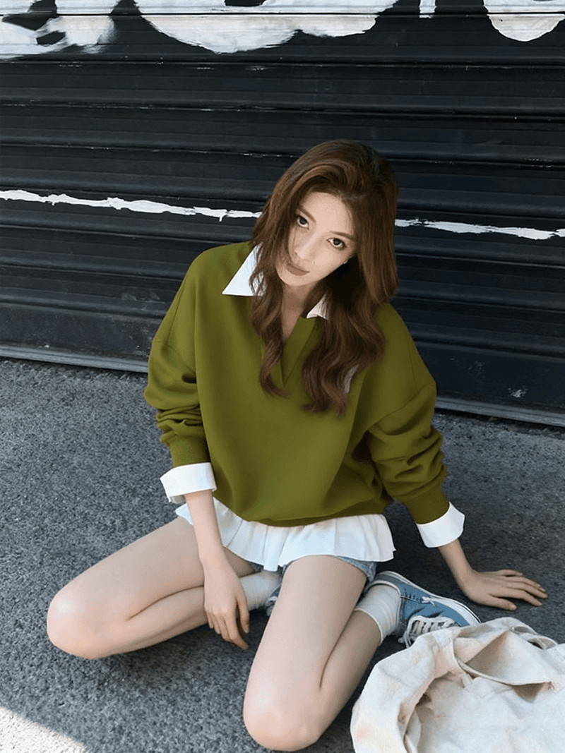 2026 가을 새로운 패션 루즈핏 단색 후드티 여성 미니멀리즘 다용도 트렌드 V넥 긴팔 맨위 상세 이미지 8