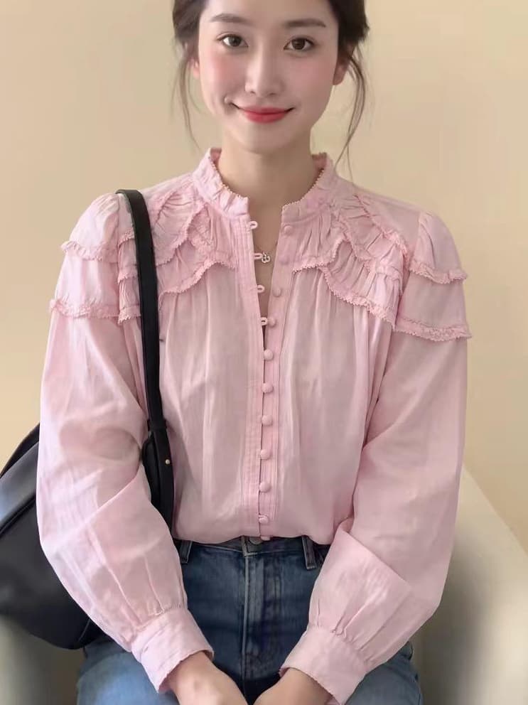 프랑스식 핑크색 프릴 긴팔 셔츠 맨위 여성 2026 가을 새로운 디자인 센스 연령 감소 다용도 셔츠 여성 이미지 3