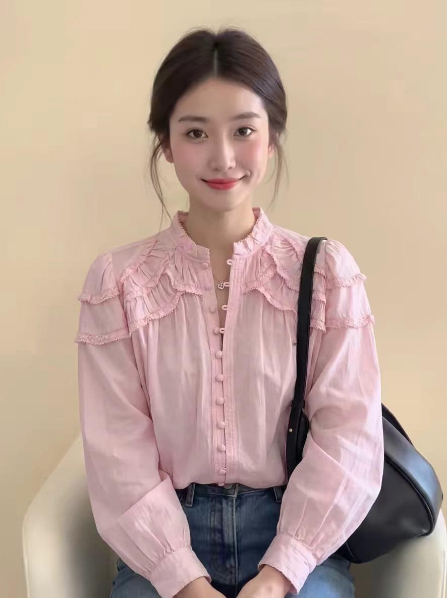 프랑스식 핑크색 프릴 긴팔 셔츠 맨위 여성 2026 가을 새로운 디자인 센스 연령 감소 다용도 셔츠 여성 상세 이미지 5