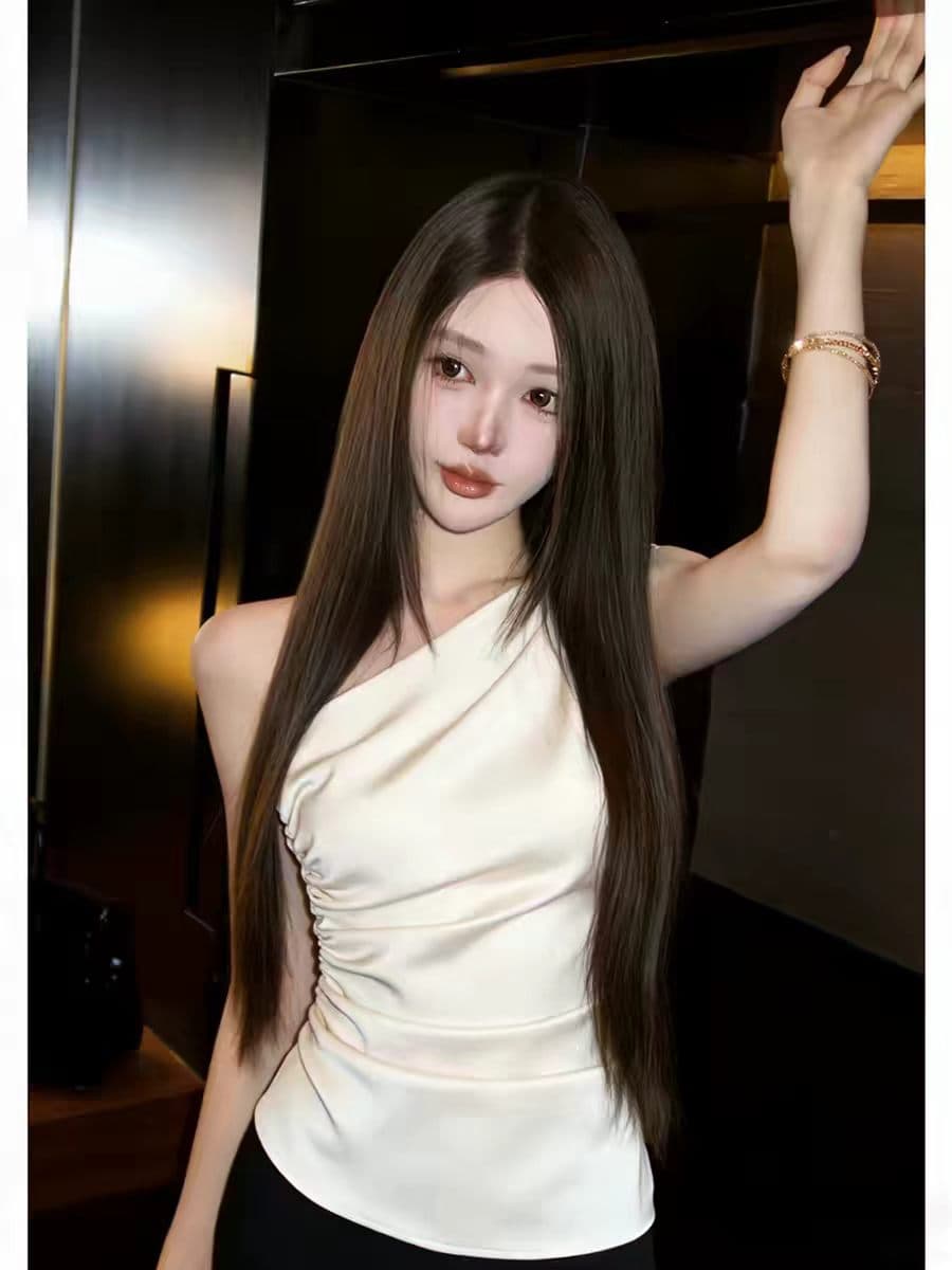 프랑스식 빛 럭셔리 비스듬한 칼라 펌프 Pleat 오프숄더 민소매 인사이드 가져 가라. 여름 아름다운 품격 감기 센스 명문 여성 외출용 맨위 여성 이미지 3