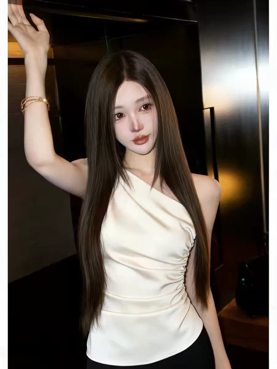 프랑스식 빛 럭셔리 비스듬한 칼라 펌프 Pleat 오프숄더 민소매 인사이드 가져 가라. 여름 아름다운 품격 감기 센스 명문 여성 외출용 맨위 여성 상세 이미지 3