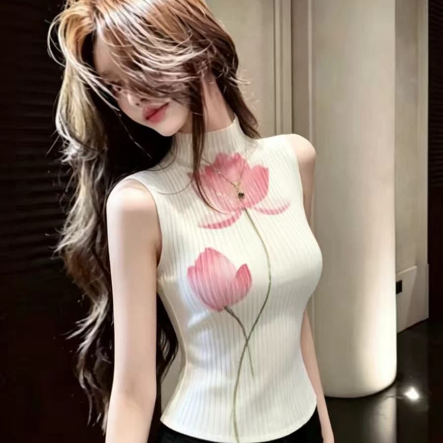 디자인 센스 프린트 터틀넥 민소매 티셔츠 여성 여름 몸매 가꾸기 허리 수축 니트 조끼 신축성 타이트 인사이드 잡아라. 의류 이미지 5
