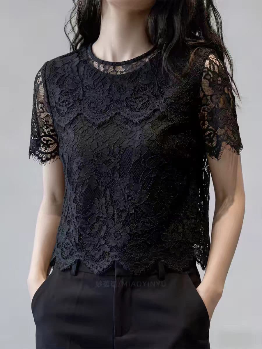 2026 여름 새로운 빛 요리 한 품격 바람 검정색 레이스 반팔 맨위 여성 홀로우 아웃 레이스 슬림해 보이는 다용도 출퇴근 상세 이미지 4