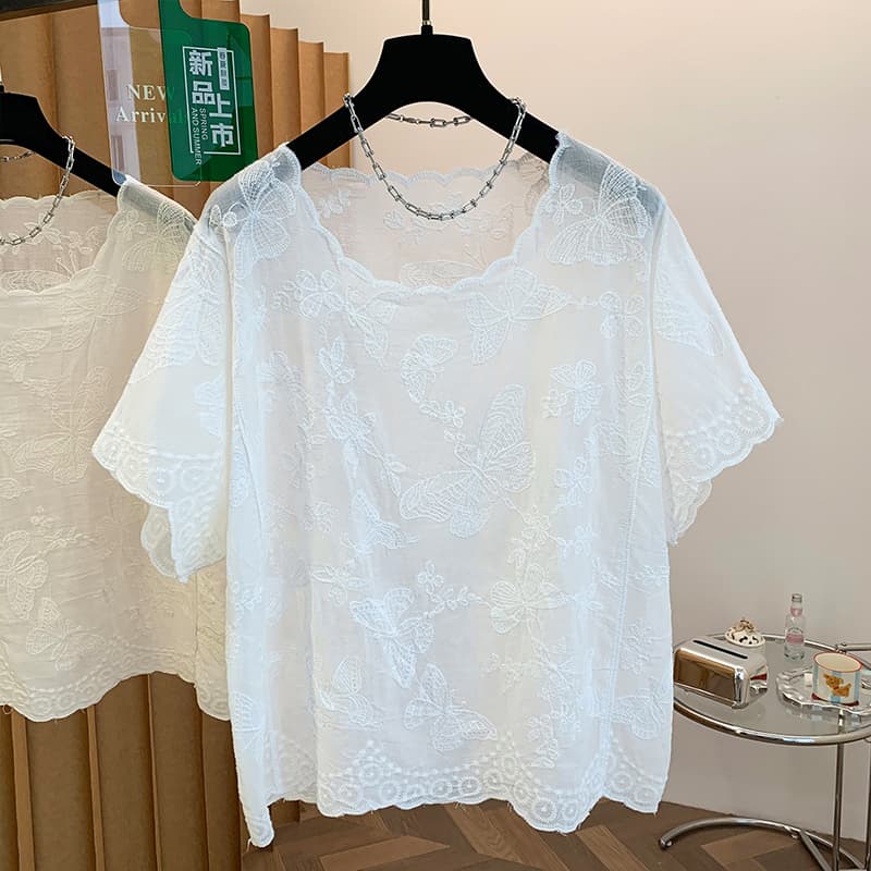 실사 빅 사이즈 여성 의류 레이스 자수 반팔 셔츠 여름 얇은 스타일 지방 mm 루즈핏 표지 배 보헤미안 맨위 이미지 4