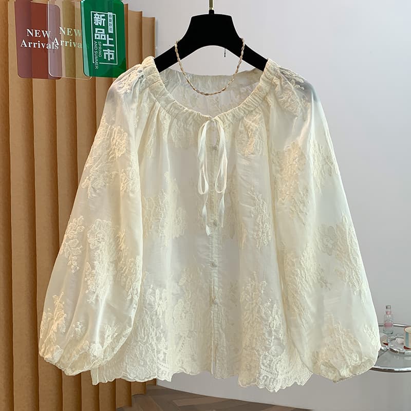 실사 디자인 센스 달콤함 라운드 넥 레이스업 자수 여성 셔츠 품격 슬림해 보이는 Chic 자수 루즈핏 긴팔 작은 셔츠 이미지 2