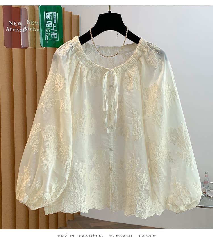실사 디자인 센스 달콤함 라운드 넥 레이스업 자수 여성 셔츠 품격 슬림해 보이는 Chic 자수 루즈핏 긴팔 작은 셔츠 상세 이미지 10