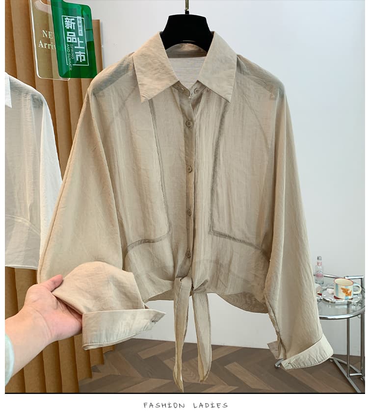 실사 한 부서 느긋한 스트랩 여름 얇은 스타일 쇼트 스타일 오픈 가디건 여성 외부 가져 가라. 느슨함 센스 POLO 칼라 블라우스 상세 이미지 18