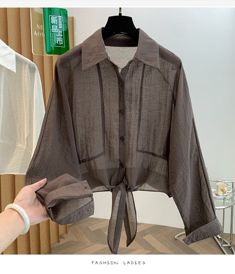 실사 한 부서 느긋한 스트랩 여름 얇은 스타일 쇼트 스타일 오픈 가디건 여성 외부 가져 가라. 느슨함 센스 POLO 칼라 블라우스 상세 이미지 22