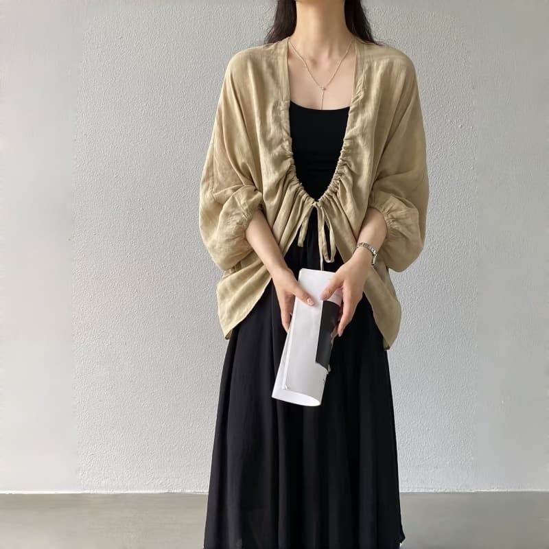 새로운 아마 고치형 펌프 로프 오픈 가디건 느긋한 휴가 바람 자외선 차단 여성 셔츠 질감 주름 센스 맨위 상세 이미지 4