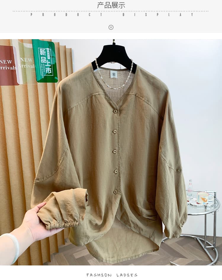 실사 느슨함 느긋한 바람 아마 배트윙 소매 여성 셔츠 이른 가을 새로운 캐주얼 루즈핏 자외선 차단 맨위 상세 이미지 9