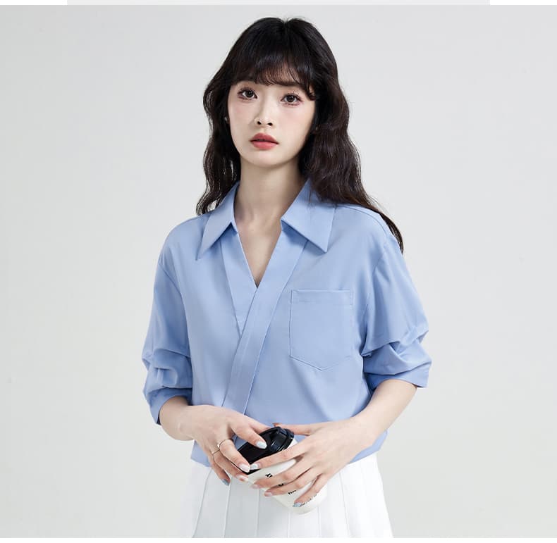 실사 2026 새로운 화이트 디자인 센스 V넥 여성 셔츠 여름 면접 착용 가져 가라. 반팔 맨위 작은 키 셔츠 상세 이미지 23